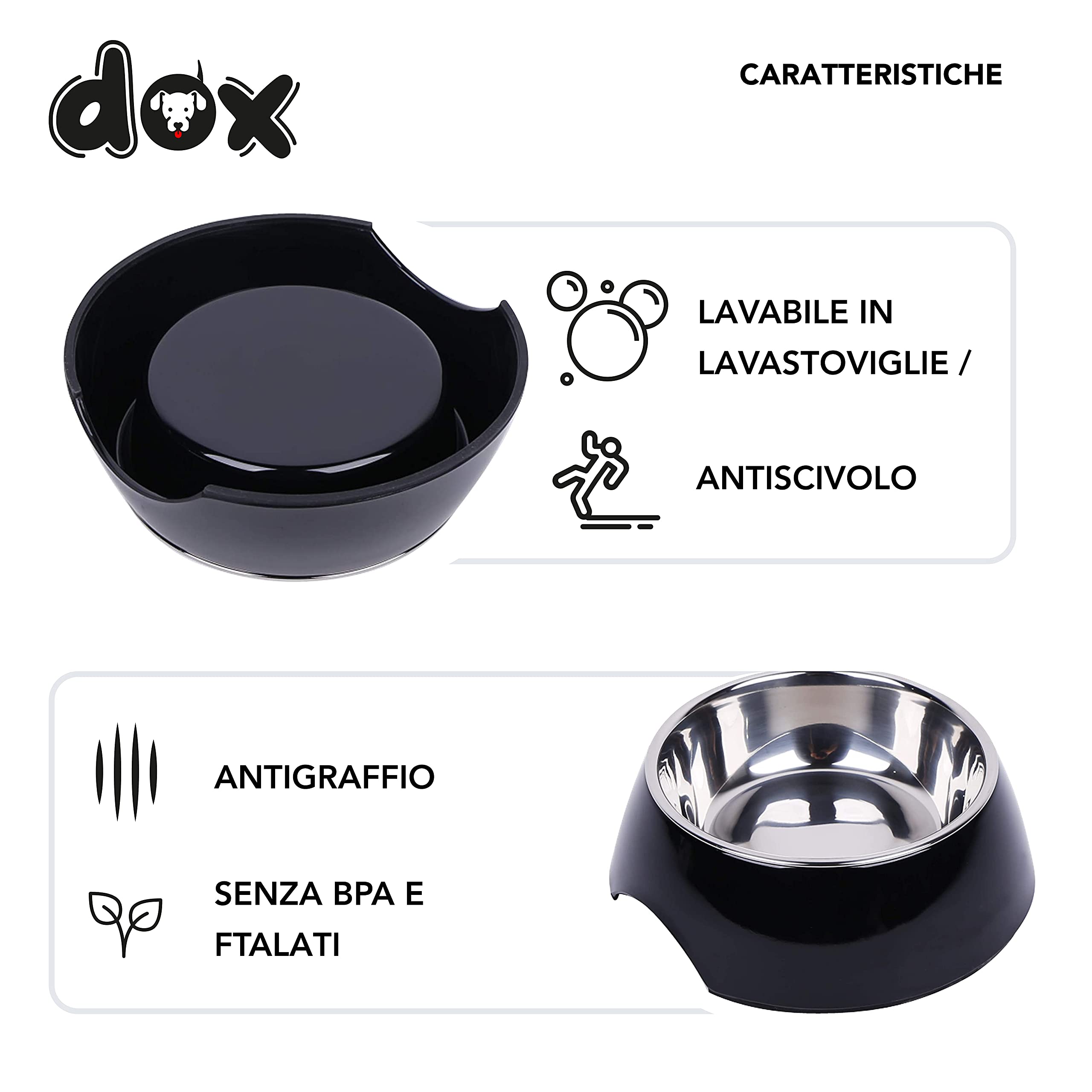 DDOXX Ciotola per Cani Antiscivolo | Ciotola per Gatti in Diversi Colori e Dimensioni |Ciotola Cani e Gatti in Acciaio e Melammina | Accessori Cani e Gatti | Schwarz, 700 ml, traversine