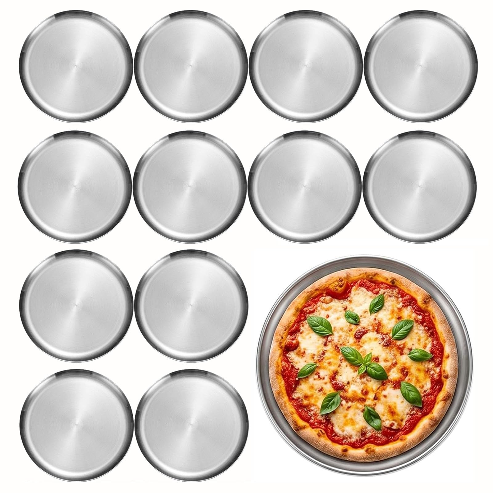 Lot 12 moules à pizza ronds en acier inoxydable (11,8 pouces), Poêle à pizza ronde, Réutilisable, Pour la maison, la cuisine et les restaurants(Silver)