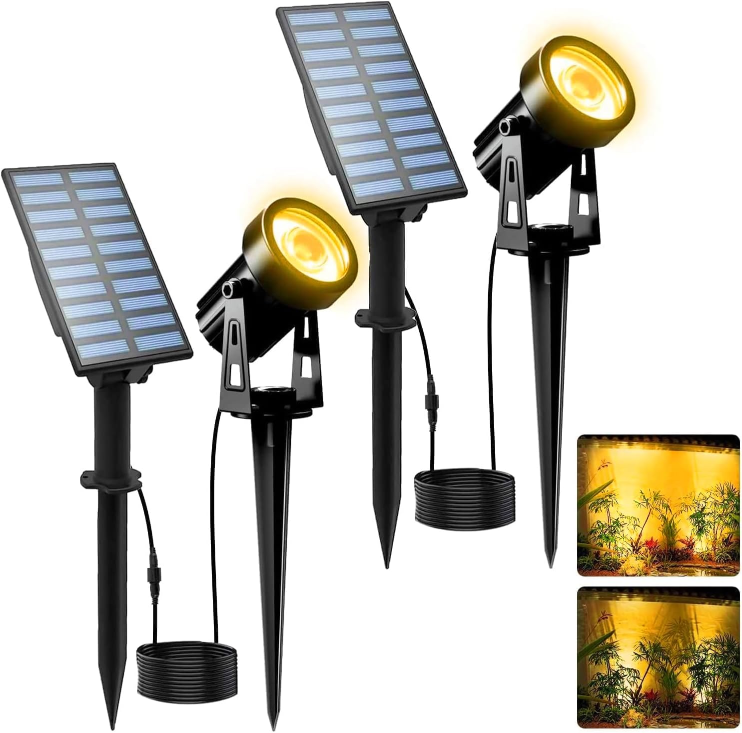 T-SUNUS Christmas Solar Landscape Spotlights 2 Pack Warm White 3000K, IP65 Waterproof Spot Lights 9.8ft Cable, Outdoor Halloween Garden Light Separated Panel for Tree Flag Yard Driveway Walkway Pool