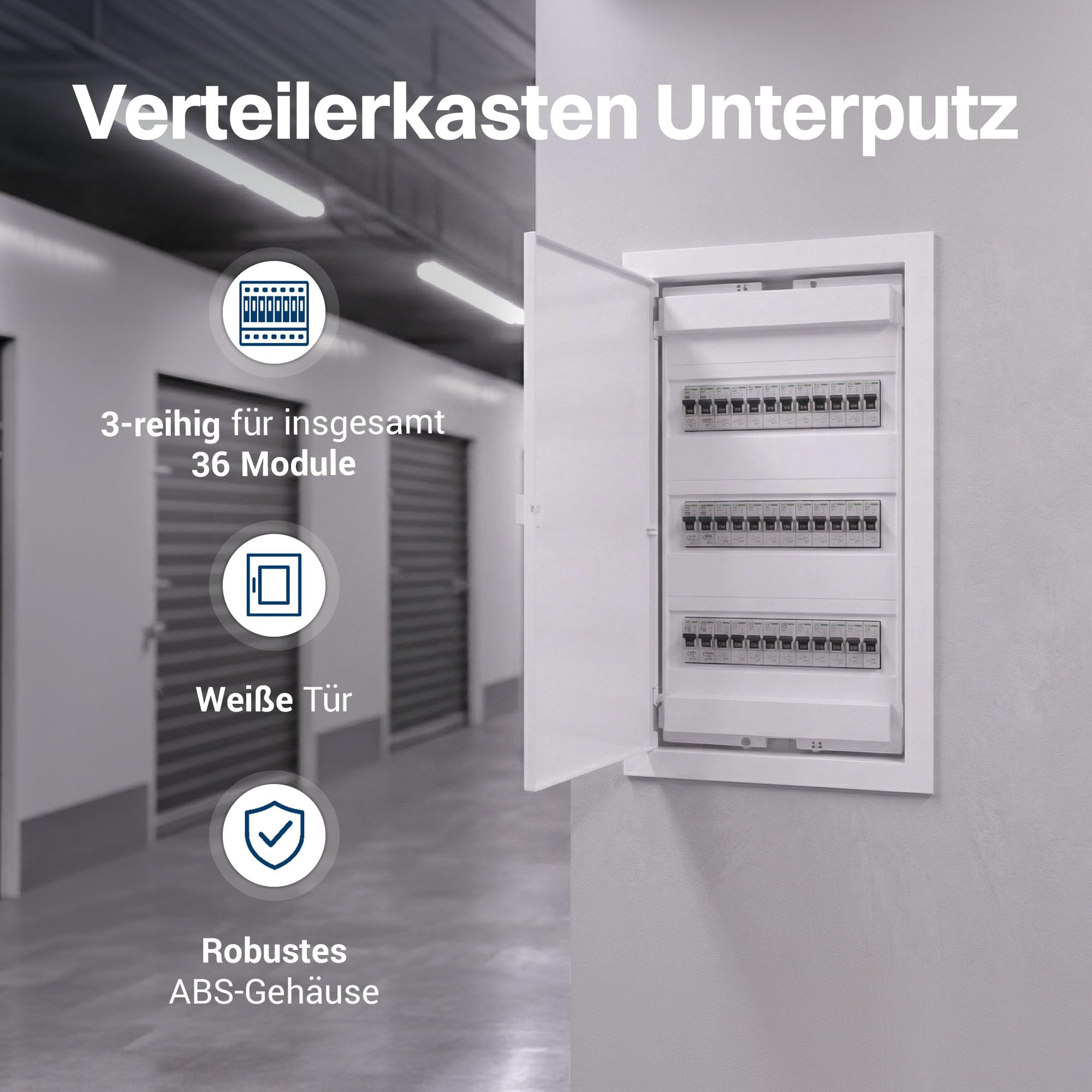 Intratec Sicherungskasten Unterputz 3 reihig – Unterputz Verteilerkasten IP40 für 36 Module mit weißer Tür und Hutschiene für einfache Elektroinstallation Zuhause & Gewerbe – 592 x 347 x 92mm