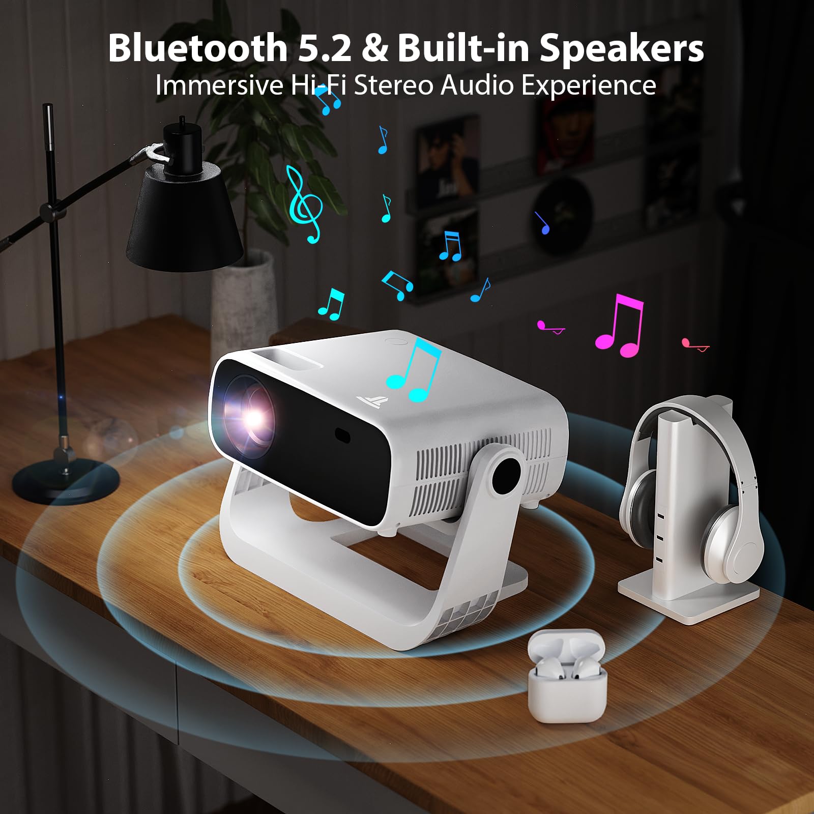 Wielio Smart Projector with WiFi 6 and Bluetooth - 4K Support 350Ansi Portable Bedroom Mini Projector Native 1080P , 2026 New Auto Keystone & Zoom Home Theater Cinema Movie Proyector, 120° Stand