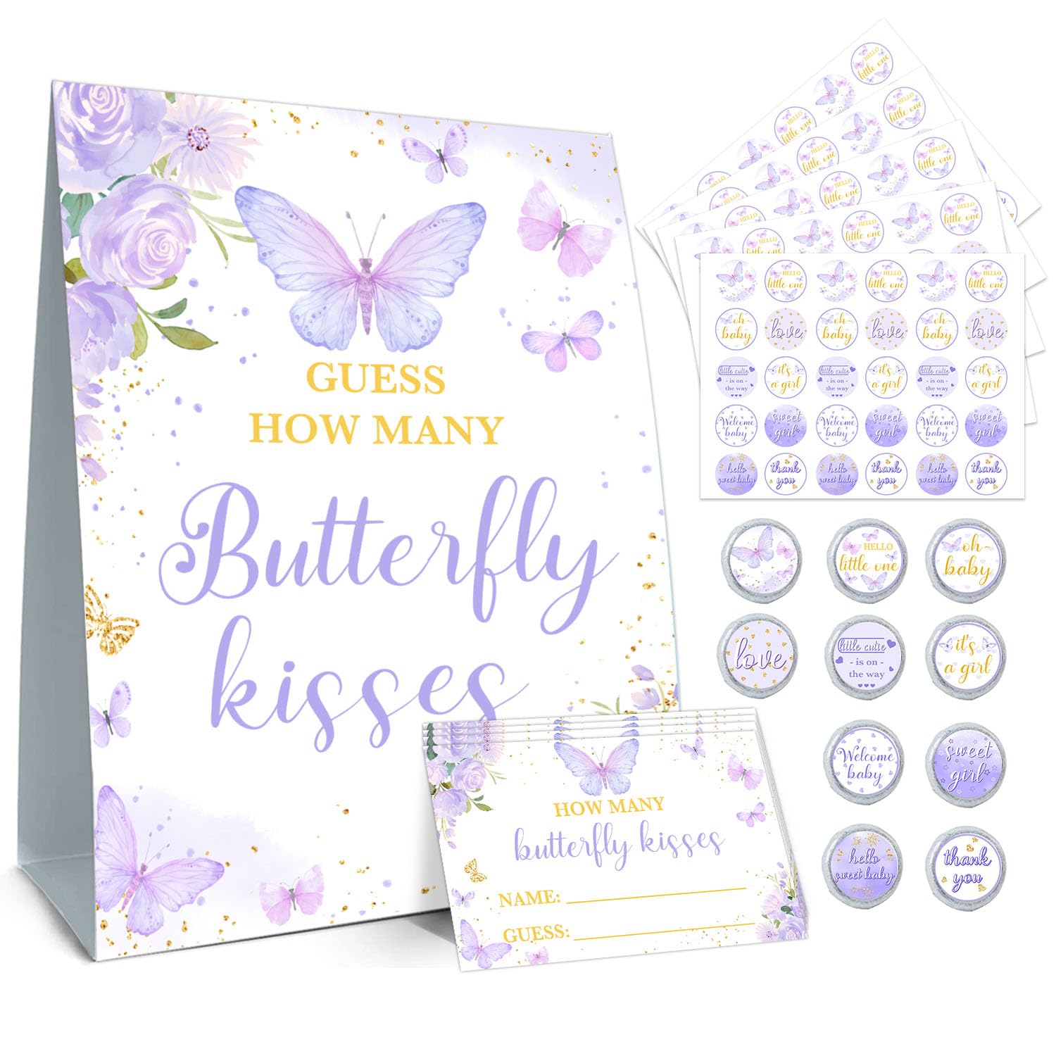 Guawubiang How Many Butterfly Kisses Baby Shower Games, Baby Shower Game Cards Set, Butterfly Themed Guess How Many Kisses Standing Sign, 50 Guessing Cards 180 Baby Shower Kisses Stickers