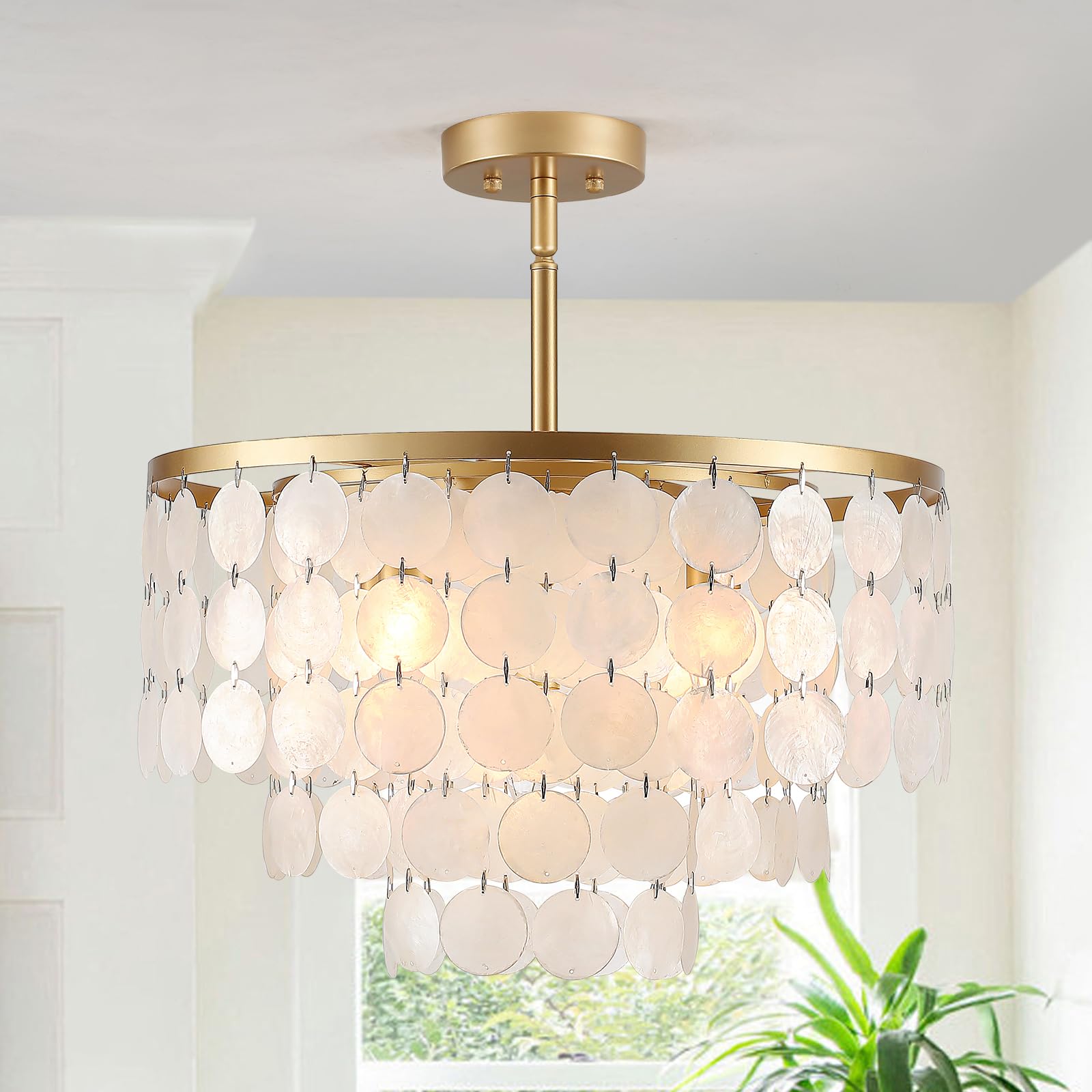JHLBYL Capiz Shell Chandelier, 5-Light Semi Flush Mount Ceiling Light Fixtures with E14 Socket, Coastal White Shell Ceiling Lighting for Living Room, Bedroom, Hallway, Dining Room, Bathroom