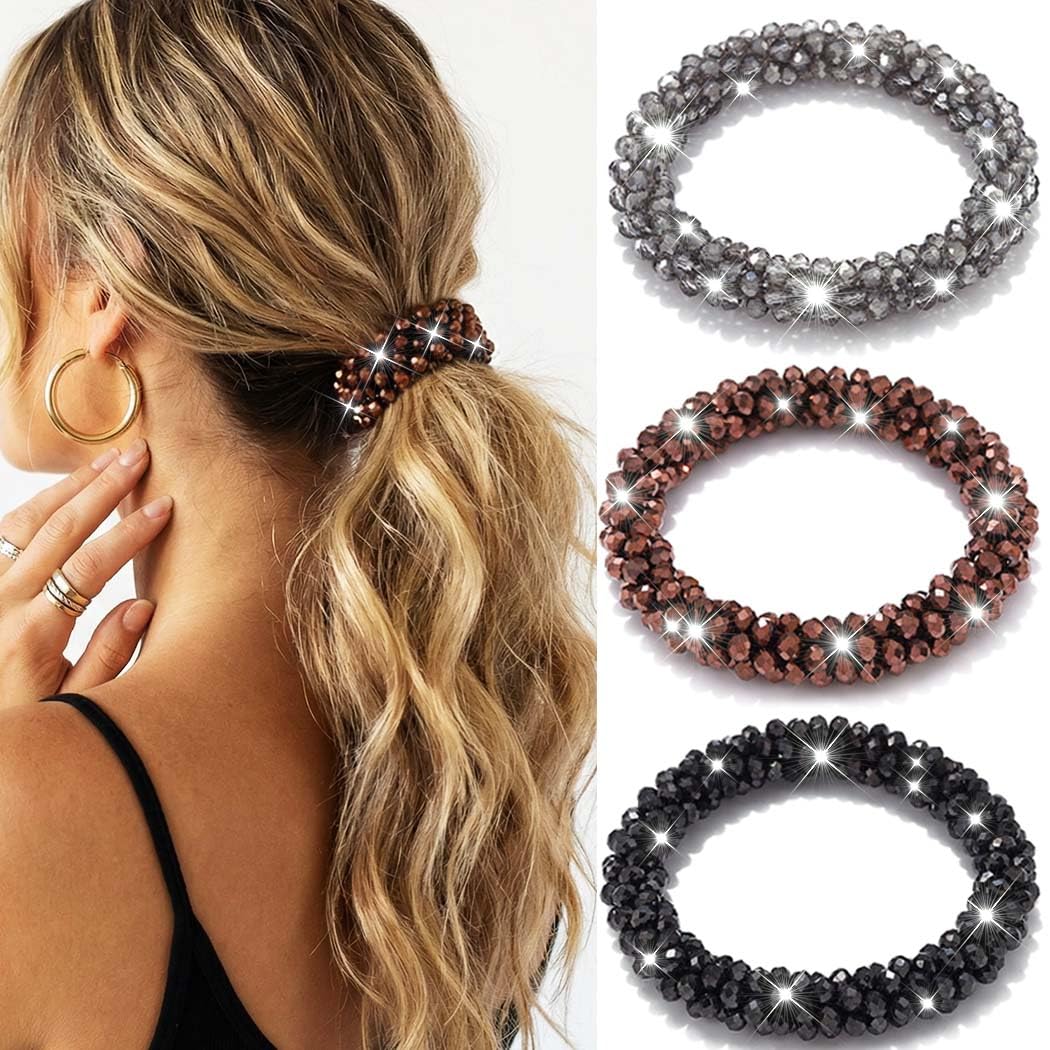 Fashey Rhinestone Hair Ties Black Fancy Ponytail Holders Sparkly Beaded Scrunchies Decorative Hair Accessories for Women