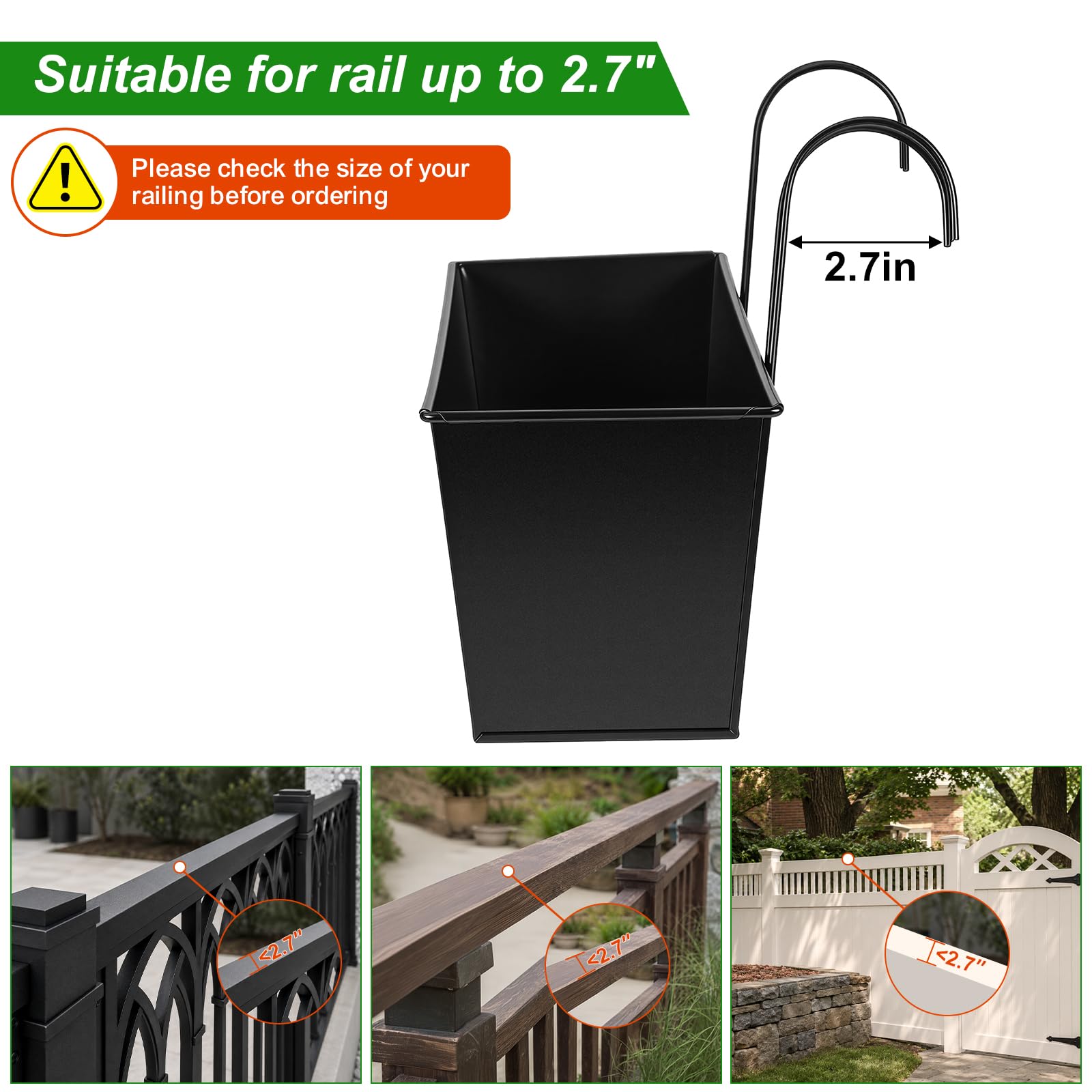 3 macetas colgantes grandes para barandilla o valla de 16 pulgadas para cualquier balcón, porche o terraza, estilo campestre, macetas perfectas para hierbas y flores para jardín (negro)