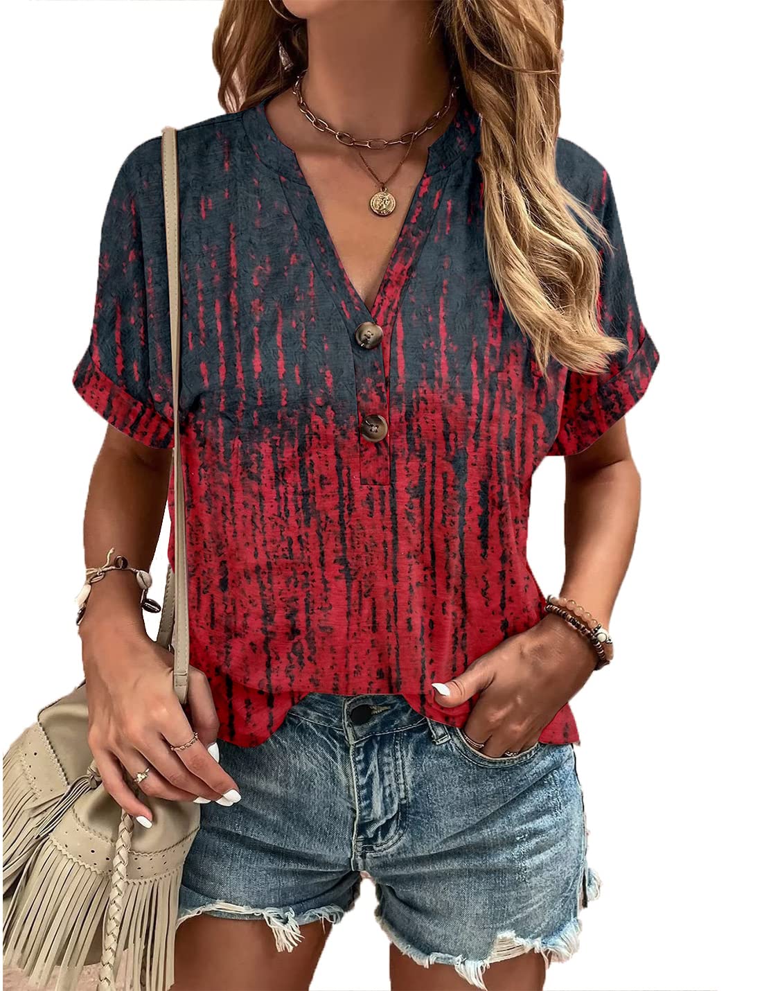 ABYOVRT 2024 Camisas para Mujeres Verano Cuello en V Tops Elegante Casual Larga Blusas con Cierre de Botón Manga Corta Camisetas T Shirts