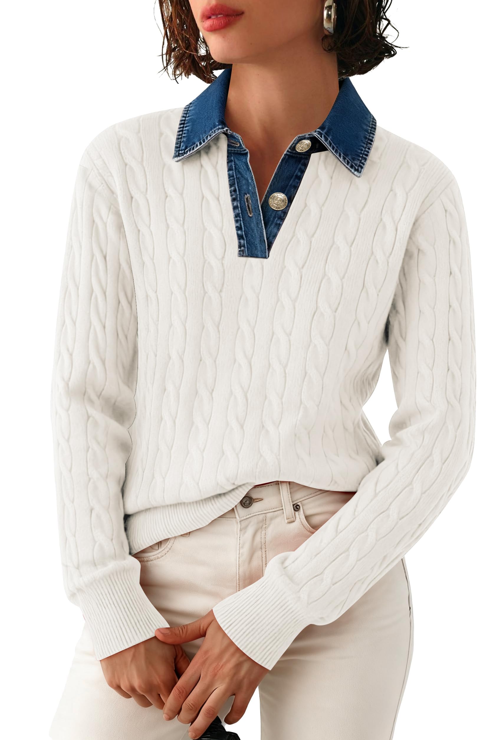 SAUKOLE Sweaters for Women Denim Lapel V Neck Buttons Closure Casual Long Sleeve Cable Knit Loose Pullover Sweater