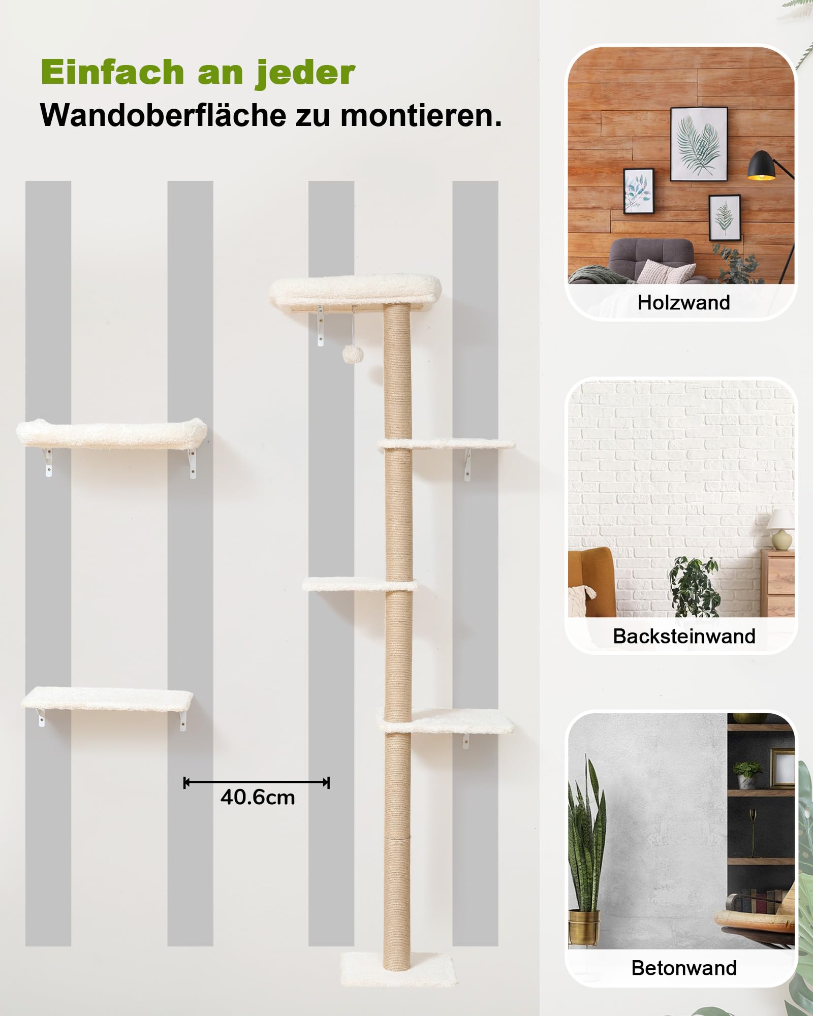 FUKUMARU Kletterwand Katzen-Set, 178 cm hoch, stabiles 3-in-1 Kratzbaum-Set aus mehrschichtigem Massivholz, Holzkatzenmöbel mit Kratzbaum-Wand und 2 Wandregalen, platzsparende Kletterwand, Beige