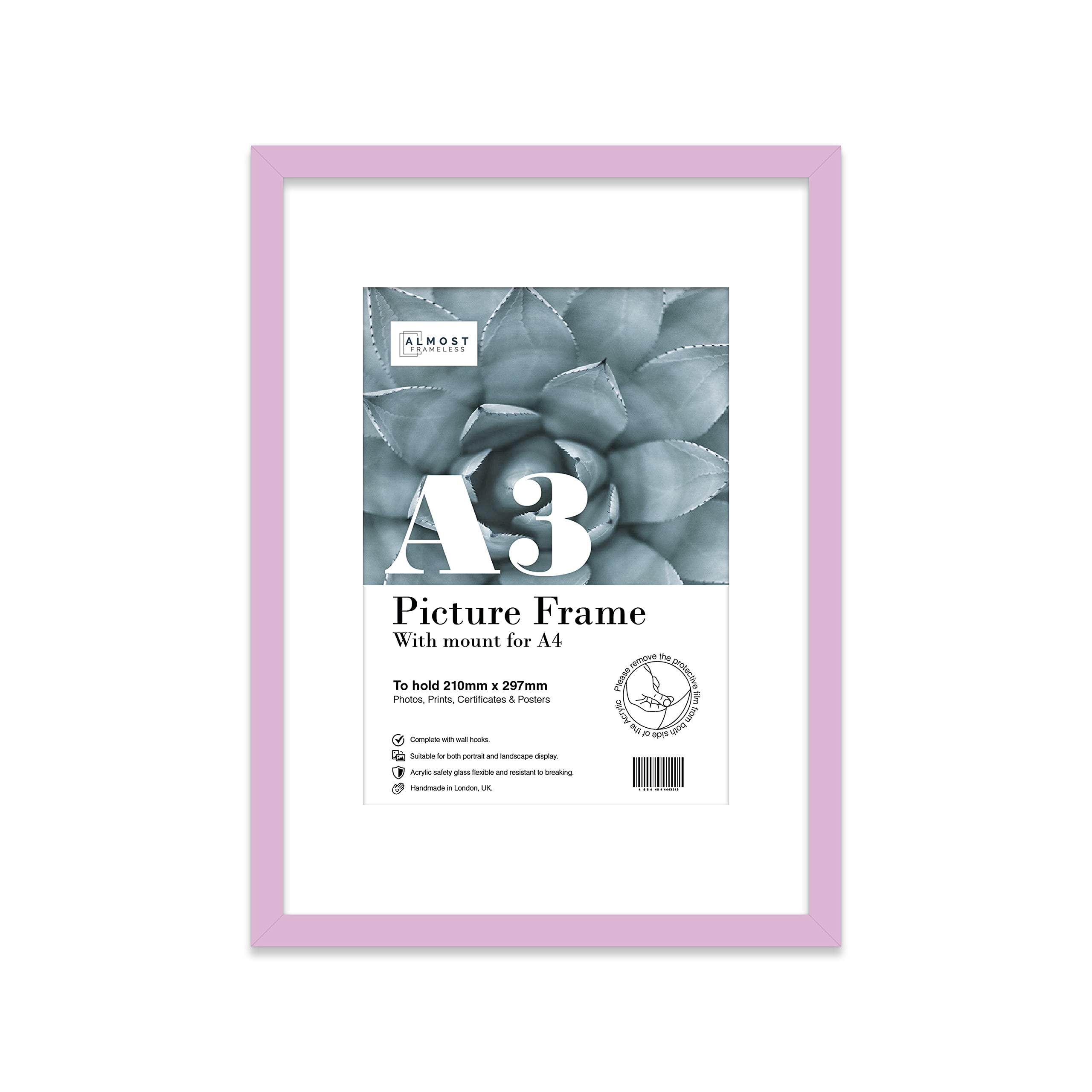 Almost Frameless A3 Lilac Picture Frame With White Mount for A4 (21 x 29.7cm -8.3 x 11.7in) Print, Photo, or Poster. Portrait and Horizontal Wall Hooks