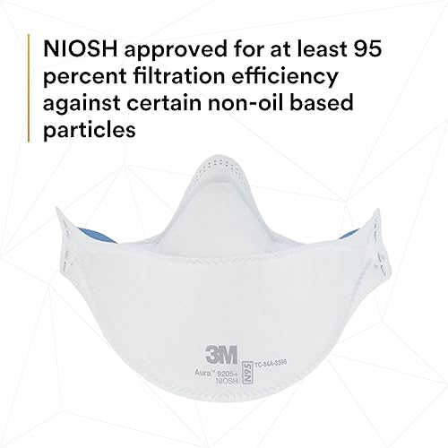 Miniatura 7 de 3M Aura - Respirador de partículas 9205+, N95, paquete de 20 respiradores desechables, envueltos individualmente, diseño de pliegue plano de 3