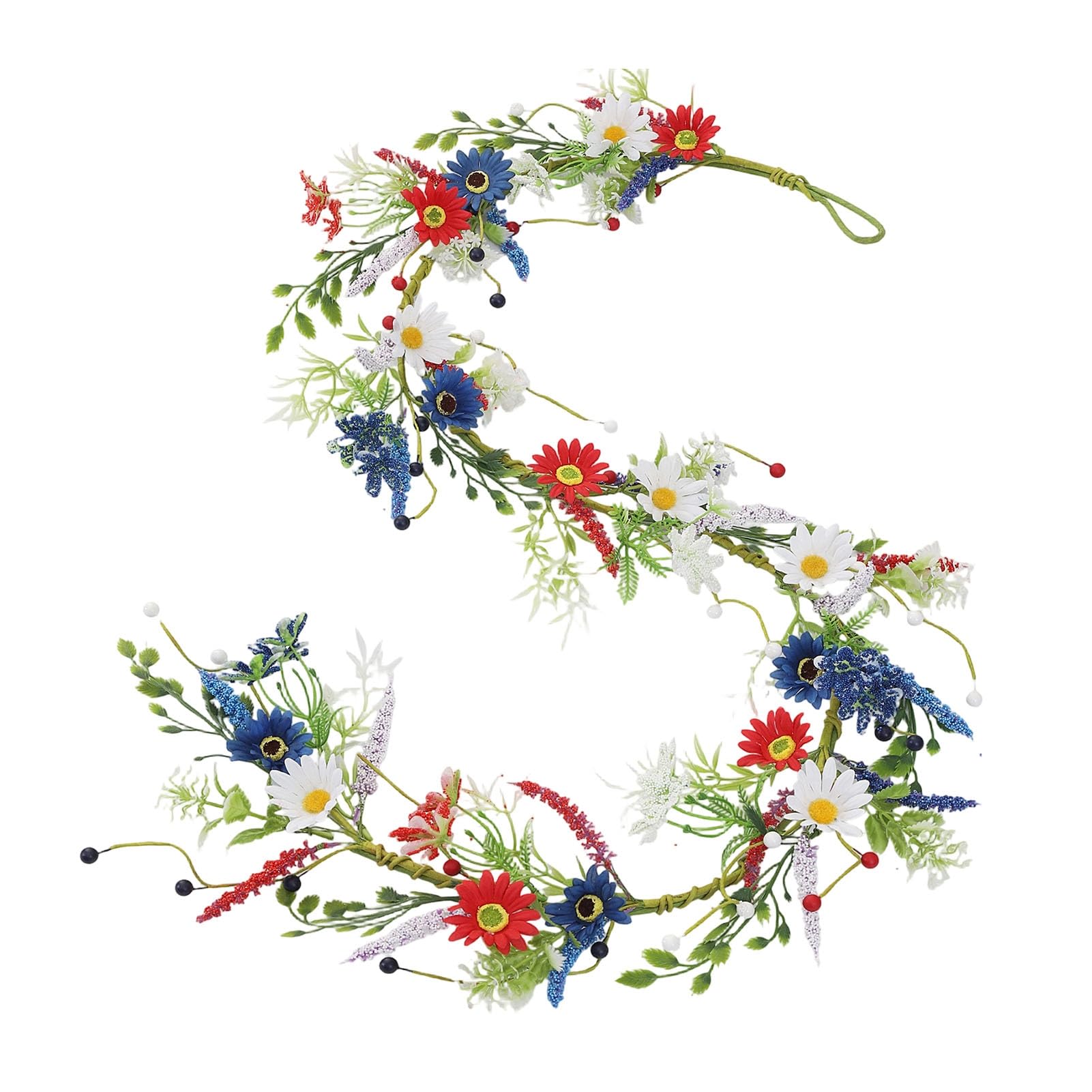 matumou Decorative Wreath USA Independence Day Artificial PE Vine Garland Red White Blue Flower Swag for Patriotic Party Decor