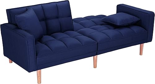 Miniatura 5 de Sofá cama tipo futón convertible, moderno sofá cama plegable tapizado de lino con dos almohadas, sofá cama de 75 pulgadas para sala de estar,