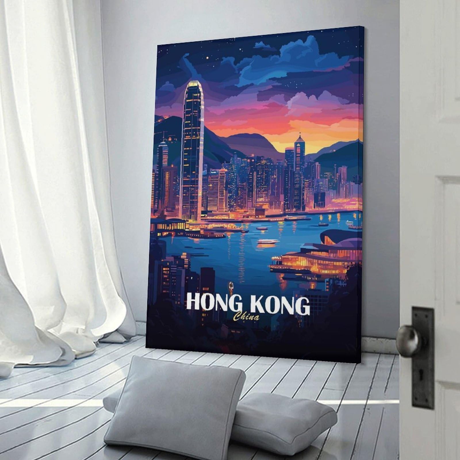 Junmoney Wall Art Print Hong Kong Cityscape at Dusk, 16x24inch(40x60cm), for Bedrooms, Workspaces And Everyday Interiors, Stylish Home Artwork for Focal Walls