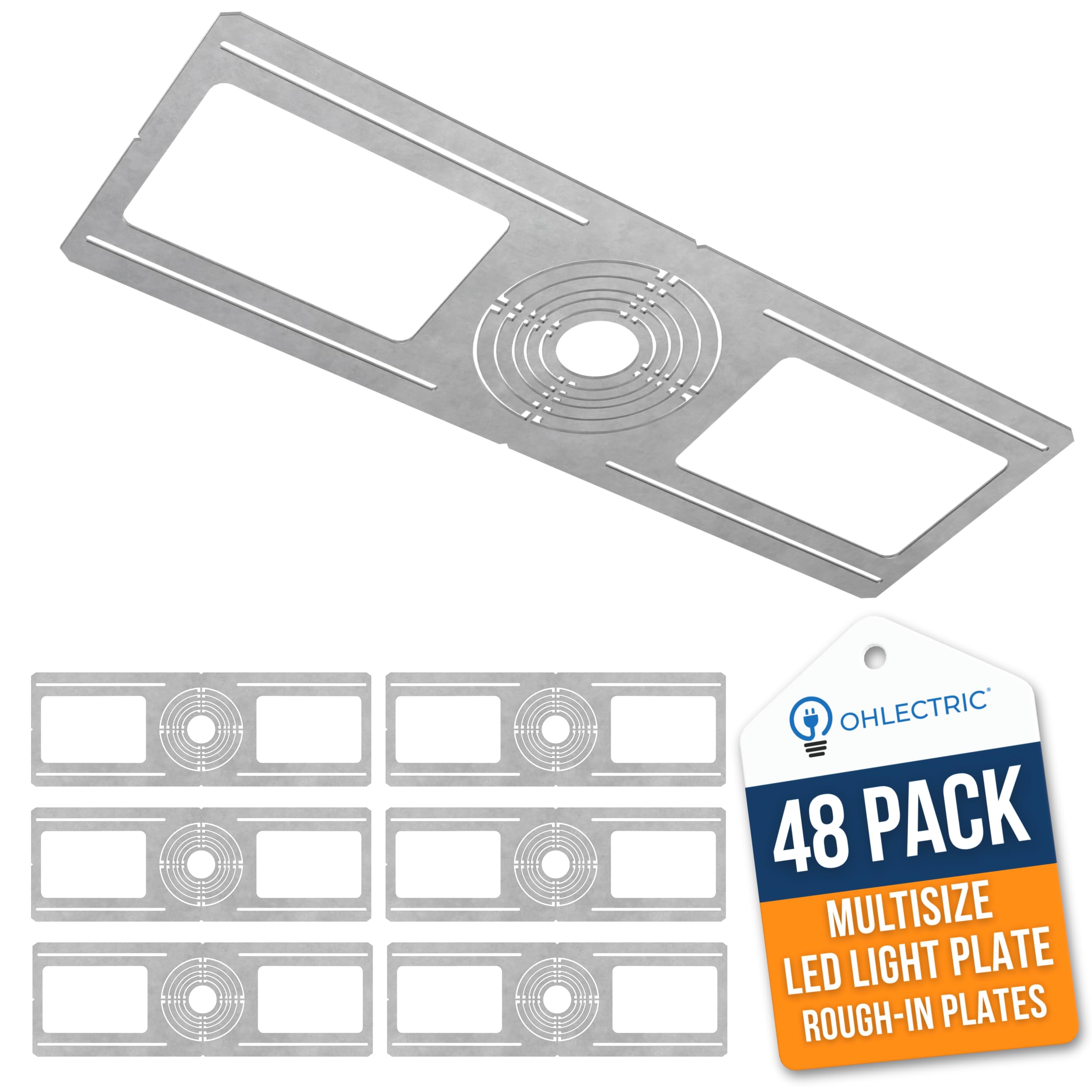 OHLECTRIC 48-Pack New Construction Recessed Light Mounting Plates, Flat Steel Rough-in Brackets - Symmetric Round Holes w/ Multiple Cutouts 2” til 6”