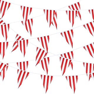 5 Sets 160 ft 100 Pieces Carnival Circus Bunting Banner Red and White Striped Pennant Banner Triangle Bunting Flag for Carnival Circus Birthday Party Decorations Supplies (5 Pieces)