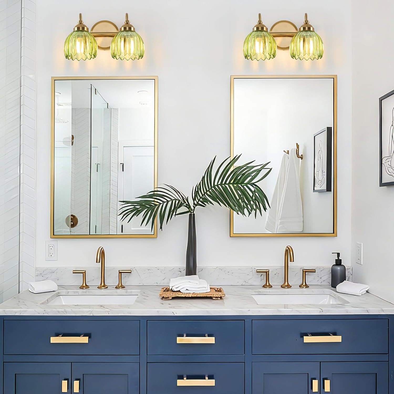 Vintage Bathroom Light Fixtures, Brass Vanity Lights with Green Tulip Glass Shade, Vanity Sconces for Bathroom Bedroom Living Room Hallway, 2-Light