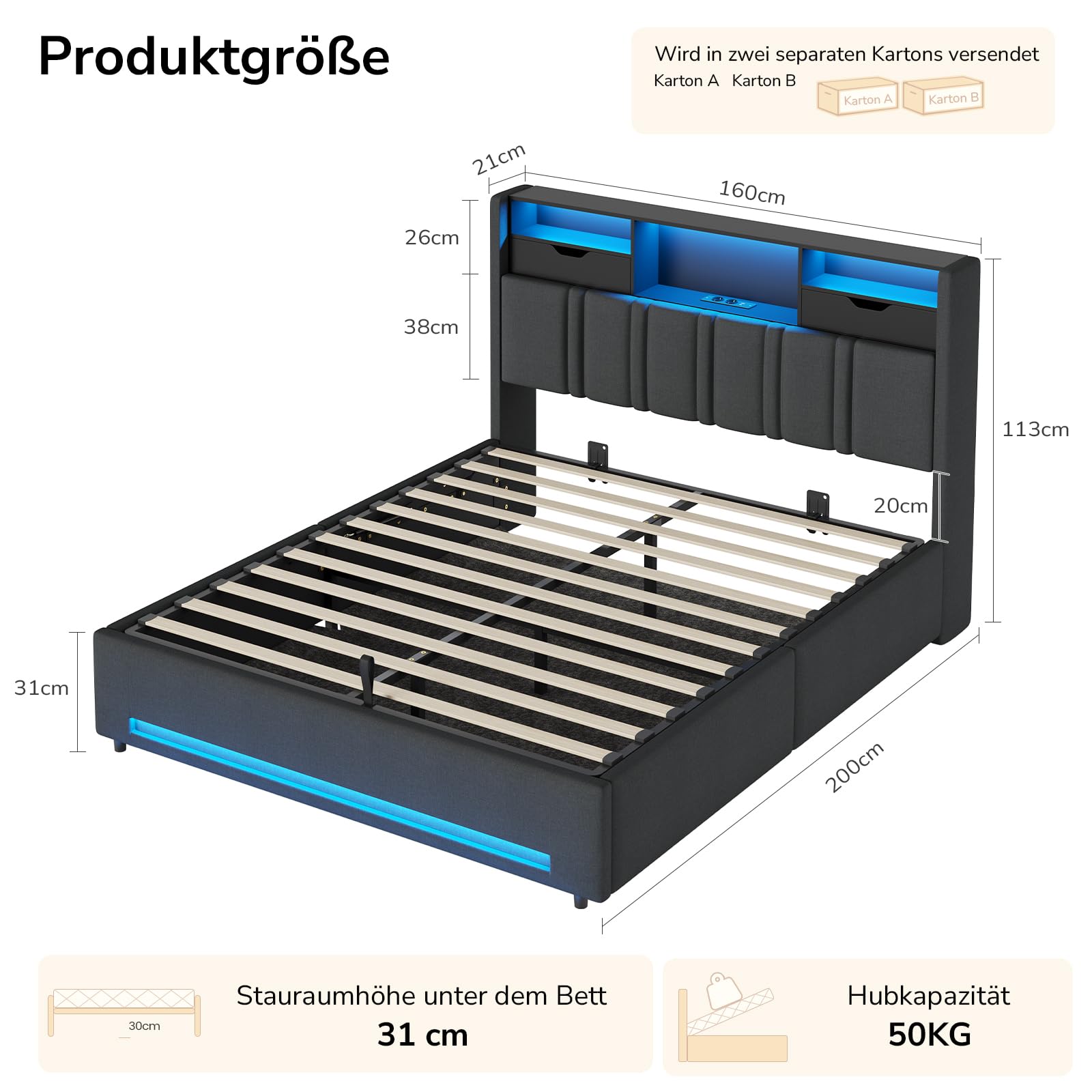 DICTAC Bett 160x200 Grau mit LED und USB-C – Polsterbett mit Bettkasten, Hydraulik, Stauraum 30cm, inkl. Lattenrost, gepolstertes Kopfteil mit Ladestation, Doppelbett für Erwachsene