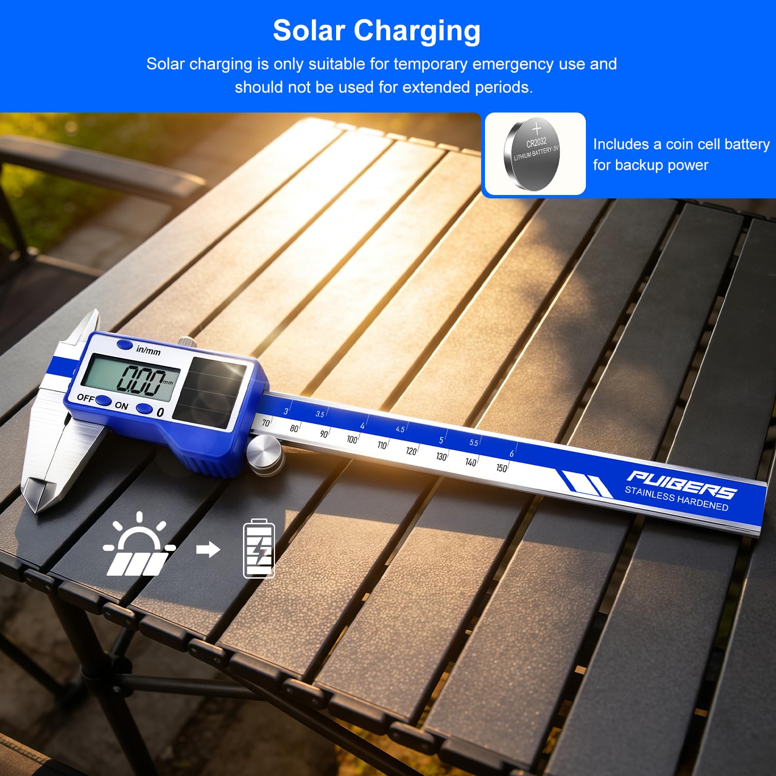 solar-powered electronic vernier calipers, with dual IN/MM scale display, one-second reading, and precise measurement.