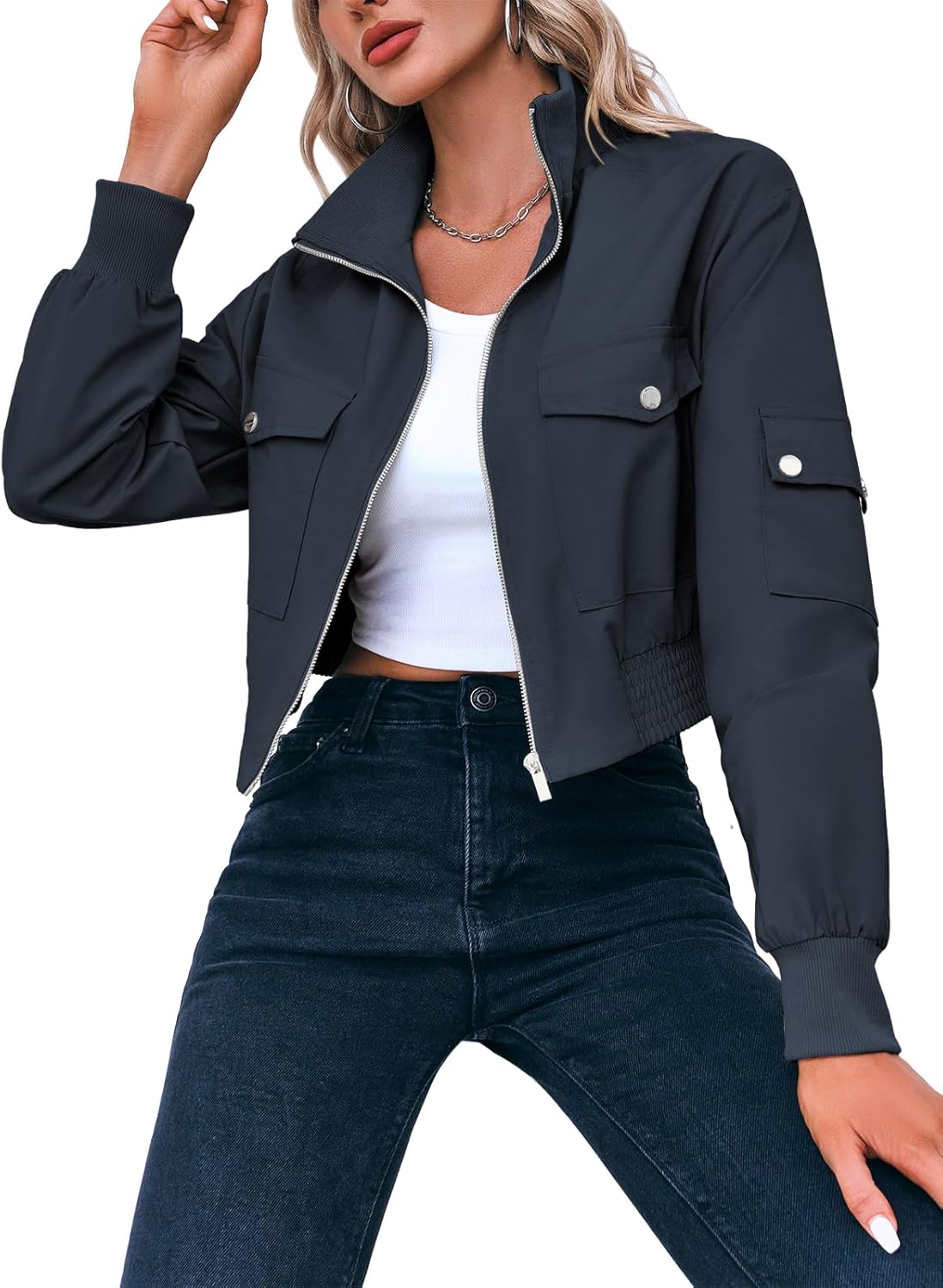 Fisoew Women's Cropped Bomber Jackets Lightweight Zip Up Stand Collar Long Sleeve Short Jacket with Pockets
