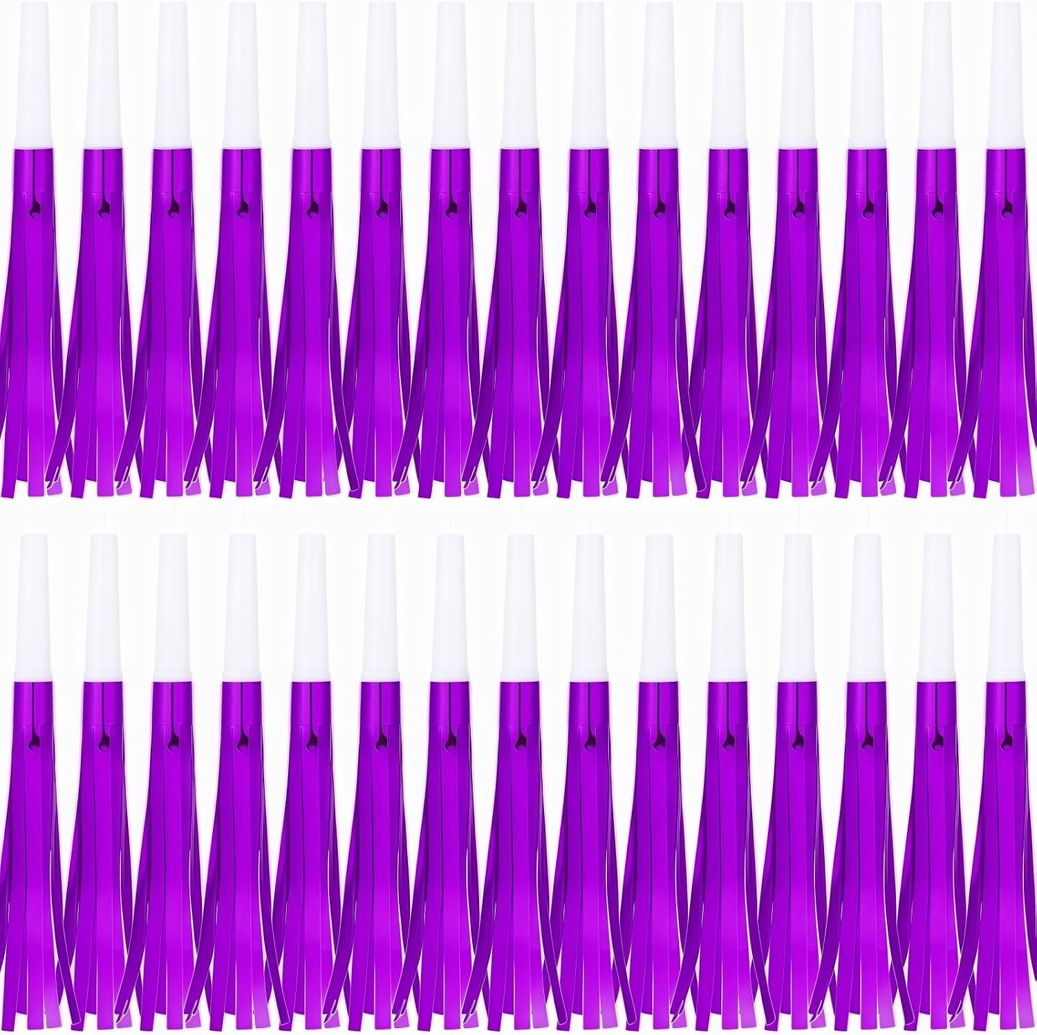 Noise Makers Party Horns, 30 Pack, Purple Metallic Glitter with Fringe, for Birthday, Wedding, New Year