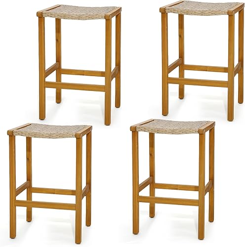 Miniatura 8 de Tangkula Juego de 2 taburetes de bar al aire libre, 30 pulgadas de alto de madera de acacia, taburetes de altura de barra resistentes con asiento de