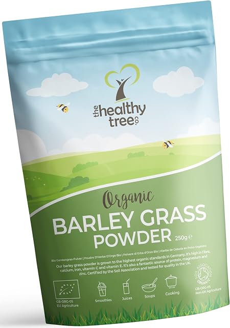 Organic Barley Grass Powder by TheHealthyTree Company - High in Calcium, Fibre, Iron and Vitamin C - Gluten Free Pure Vegan Barleygrass from Germany (250g)