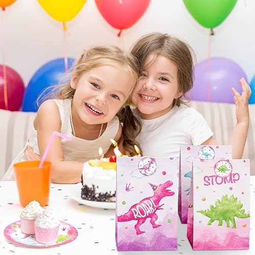 Miniatura 8 de WERNNSAI Bolsas de regalo de dinosaurios de acuarela, 24 bolsas de recuerdos de fiesta de dinosaurios rosas con calcomanías para niñas y niños,