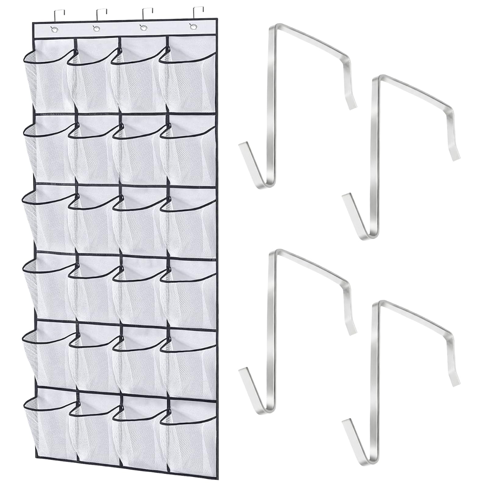 orwayhu Over Door Shoe Storage Hanging Shoe Storage Door Shoes Organizer with 24 Large Mesh Pockets for Wardrobe Doors Tidy, with Hooks, White