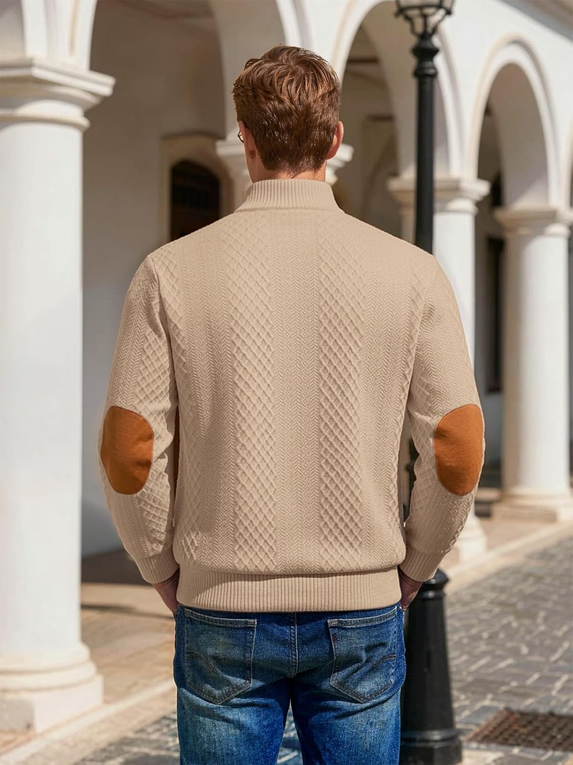 Men's Quarter Zip Pullover Sweatshirt Lightweight Jacquard Weave Kit Sweaters Casual Long Sleeve Mock Neck Polo