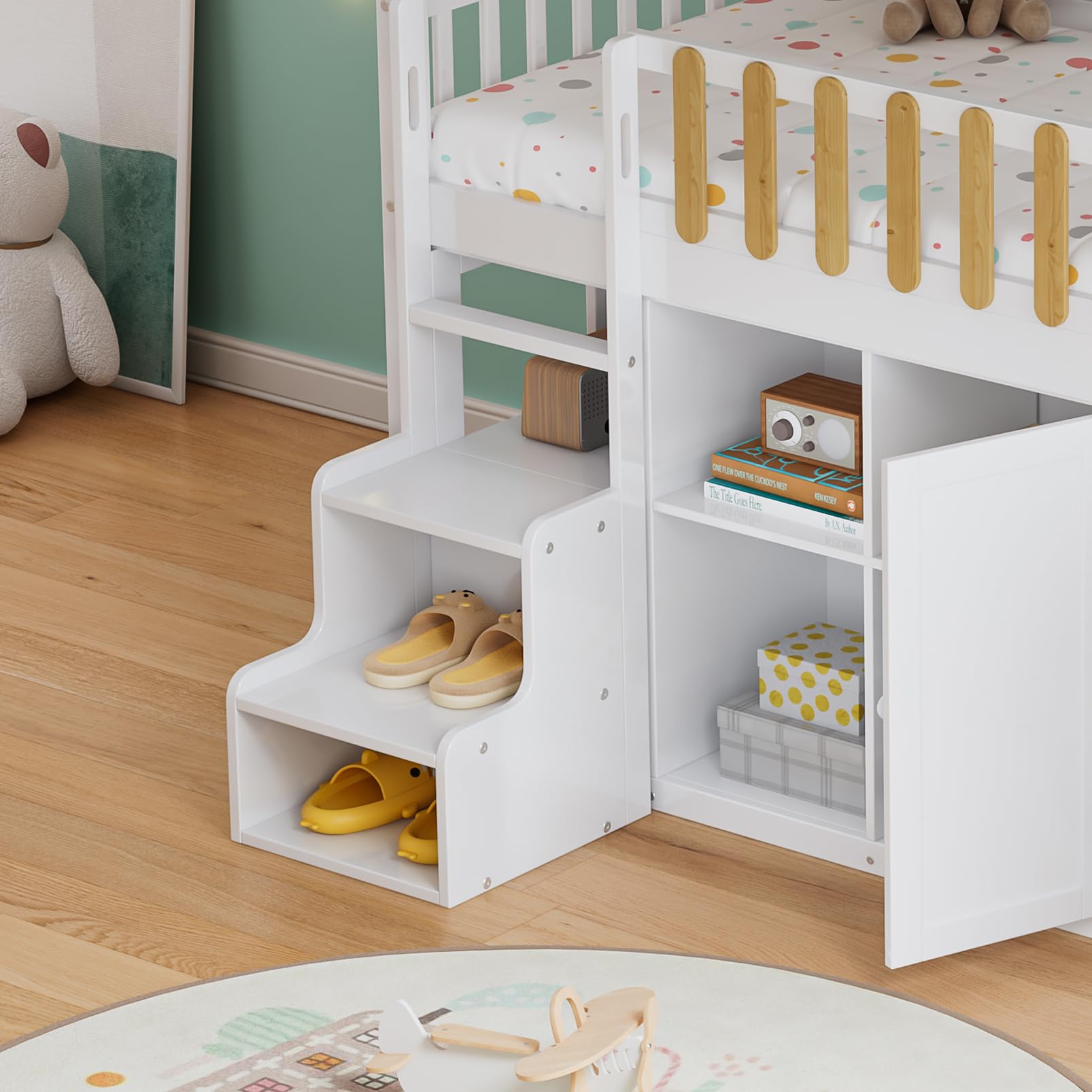 Cama cabaña infantil de 90 x 200, litera infantil 90 x 200 cm con ventana decorativa, armario de almacenamiento infantil con zapatero y armario, marco de pino macizo natural blanco (sin colchón)