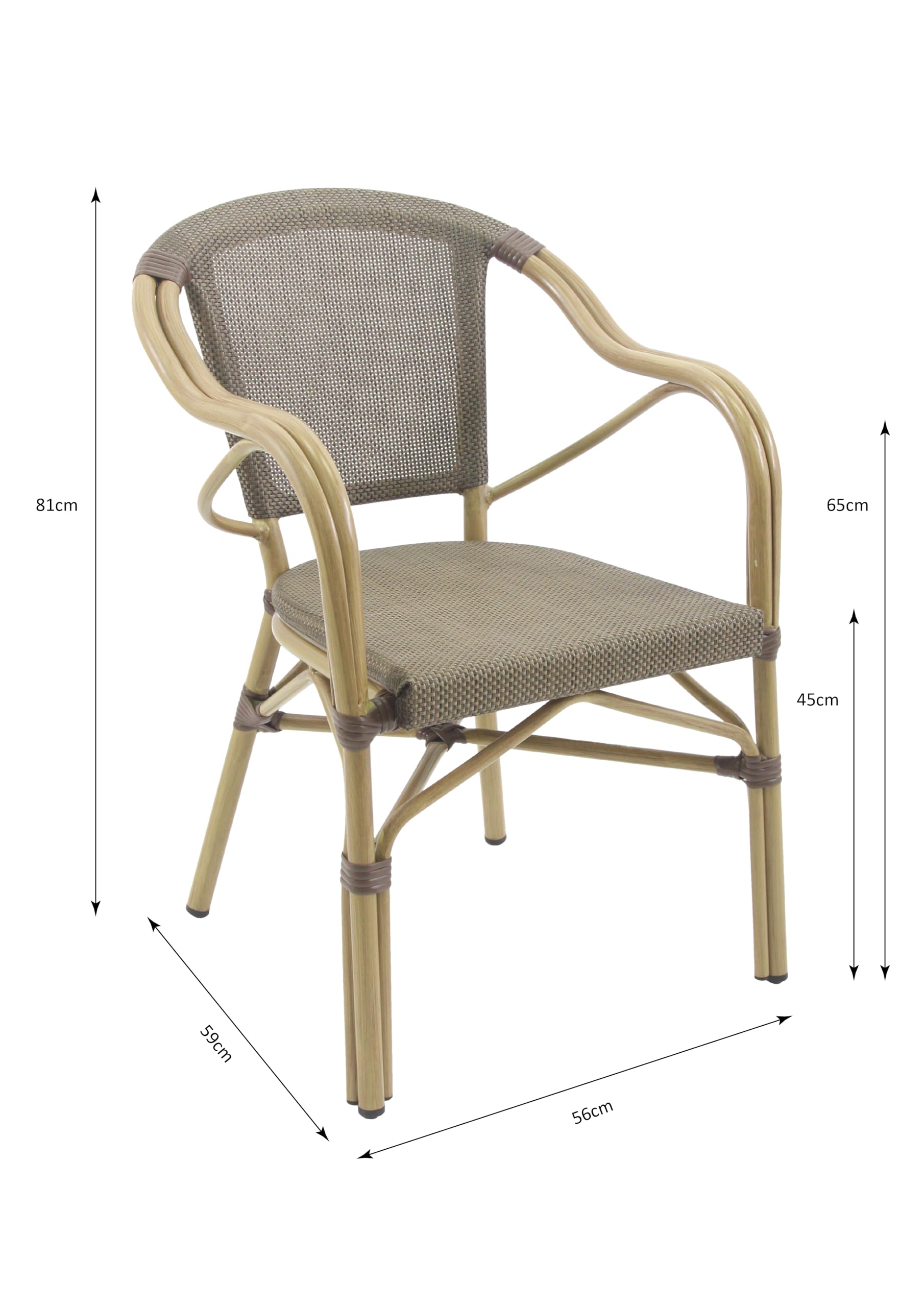 Metro Professional Gartenstuhl in Bambus-Optik mit Armlehne Mesin, Aluminium/Textilen-Bespannung, 56 x 59 x 81 cm, 150 kg Tragkraft, Braun