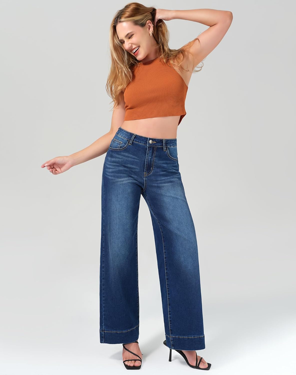 roswear Women’s Wide Leg Jeans Casual High Waisted Stretchy Baggy Loose Long Trouser Jeans