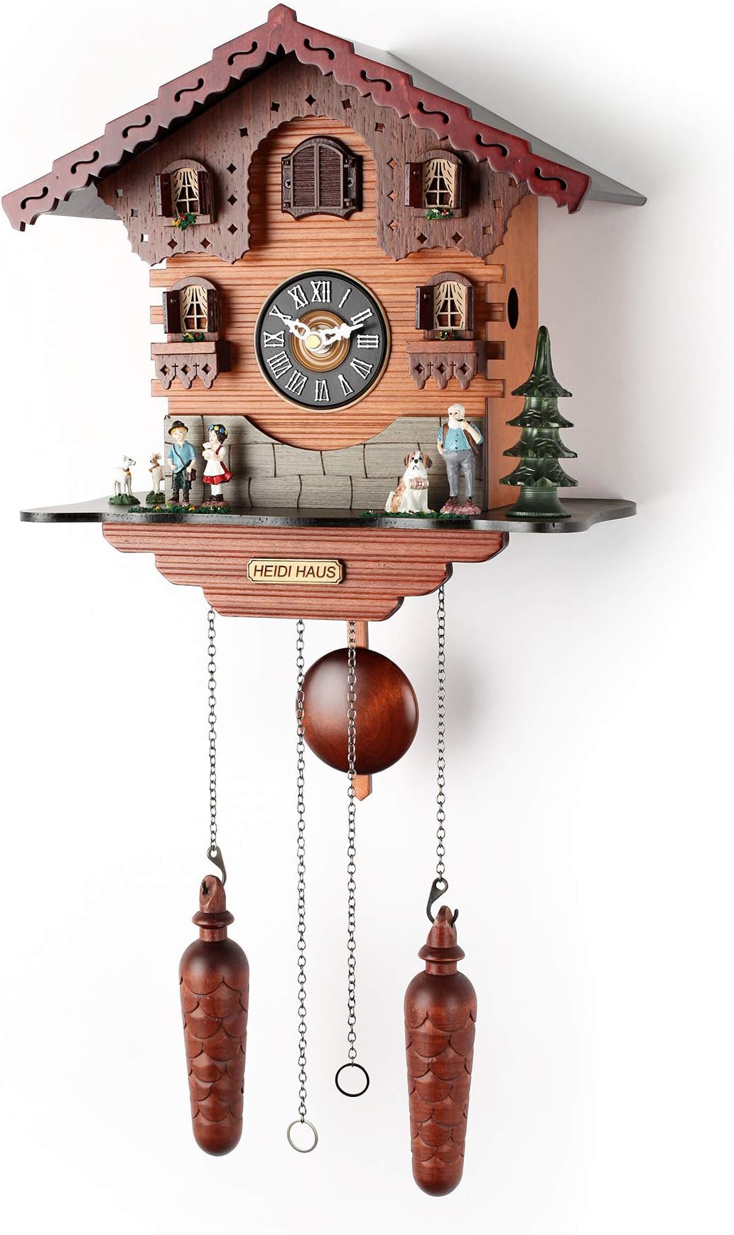 Polaris Clocks Small Cuckoo Wall Clock with Night Mode Option, Singing Bird, Weights and Swinging Pendulum (Multicolor)