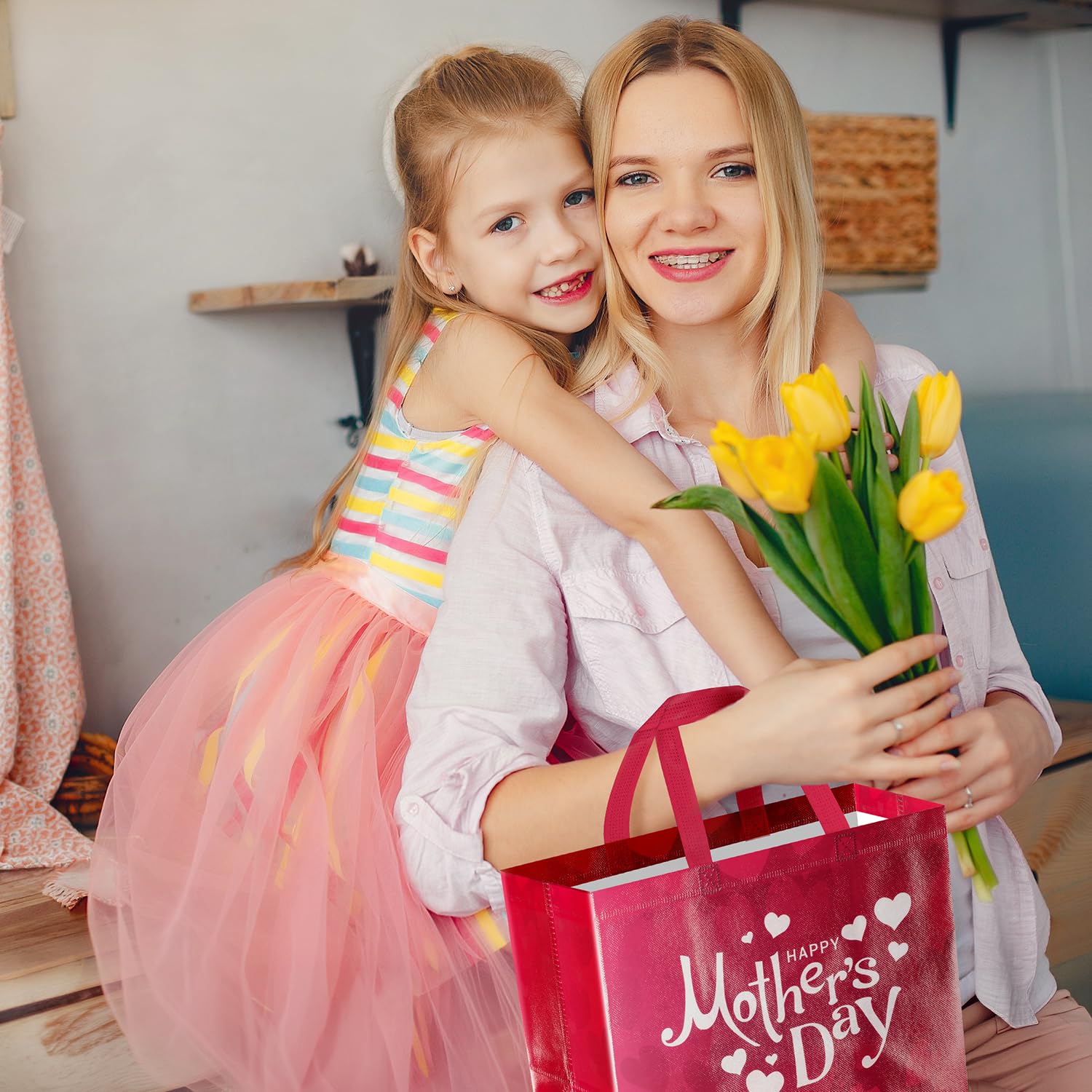 ysmile 2 Pack Mother’s Day Gift Bags with Tissue Paper & Cards – Reusable Non-Woven Gift Totes for Mom, Grandma, Grandmother (12.6", Pink & Black Gold)