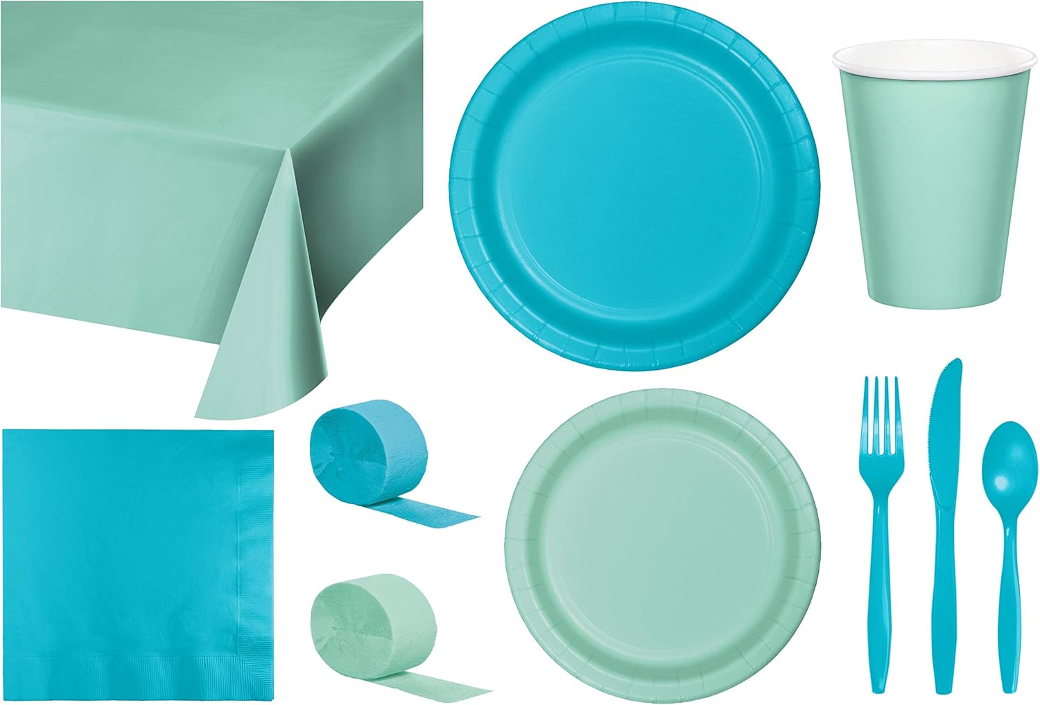 Baxters Party Bundle Bulk, Tableware for 24 People Candy Pink and Bermuda Blue, 2 Size Plates Napkins, Paper Cups Tablecovers and Cutlery, Box of 199