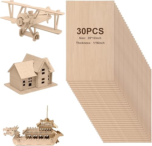 Miniatura 1 de 30 hojas de madera de balsa de 12 x 20 x 116 pulgadas, hojas de tilo para manualidades, hojas de madera contrachapada, tableros de madera sin