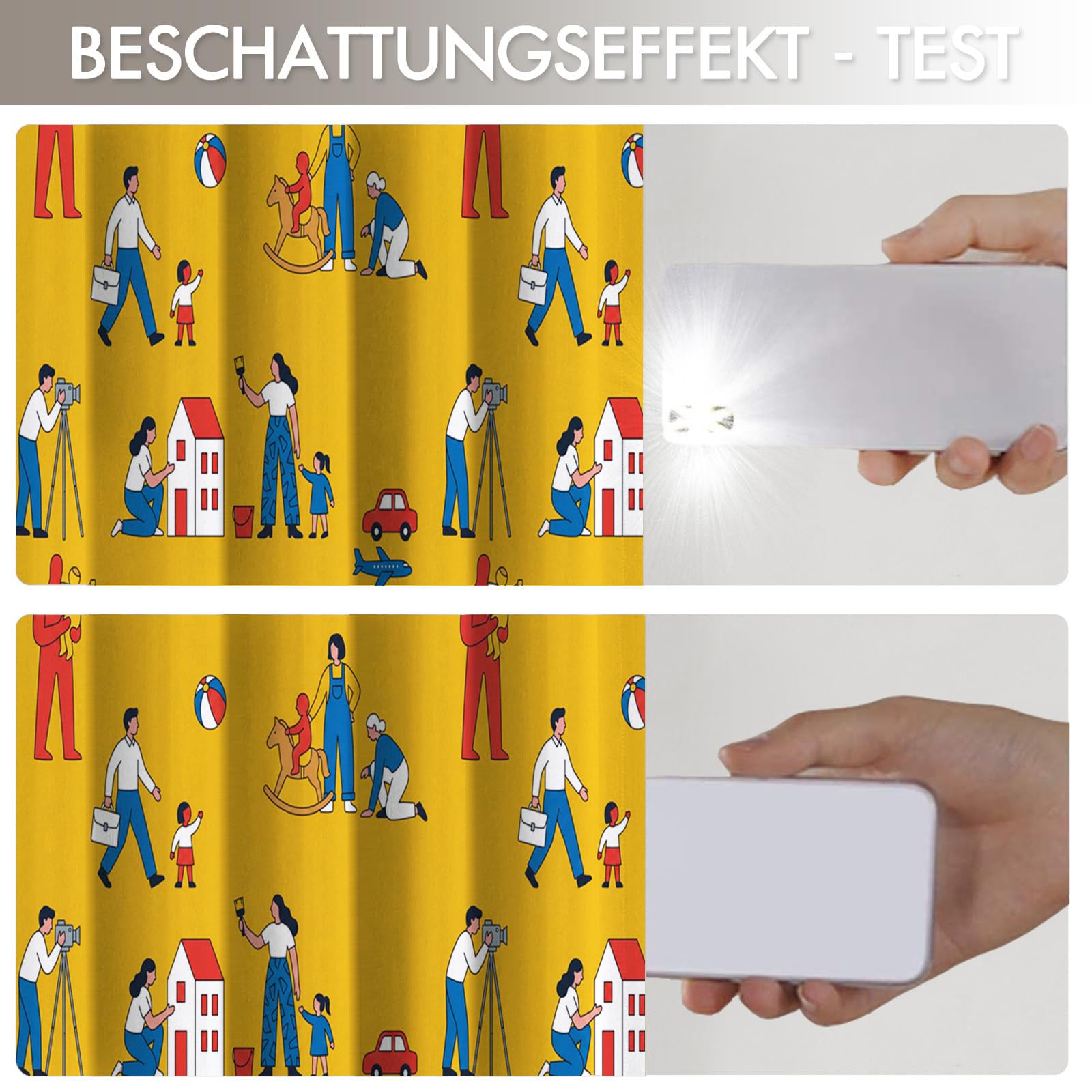 Rideau Occultant Vie Famille Dessin Animé Thermiques Anti Froid, 140x175cm Rideaux Fenêtre Opaque Jeux Parents-Enfants à Oeillets Anti UV Intérieurs Decoration Dressing Salon Chambre Maison, Jaune