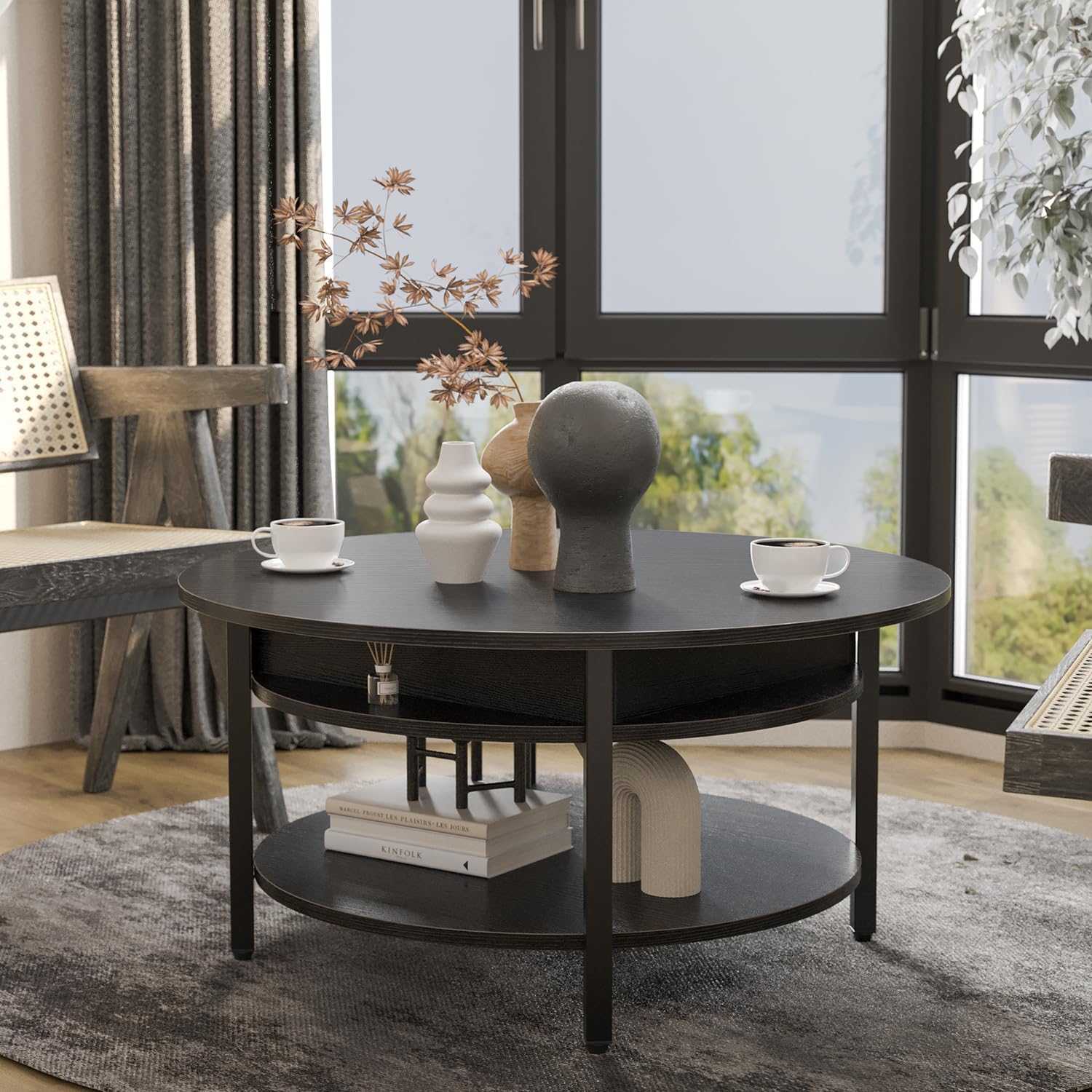 Couchtisch rund mit Hebeplatte und Stauraum, Schwarz