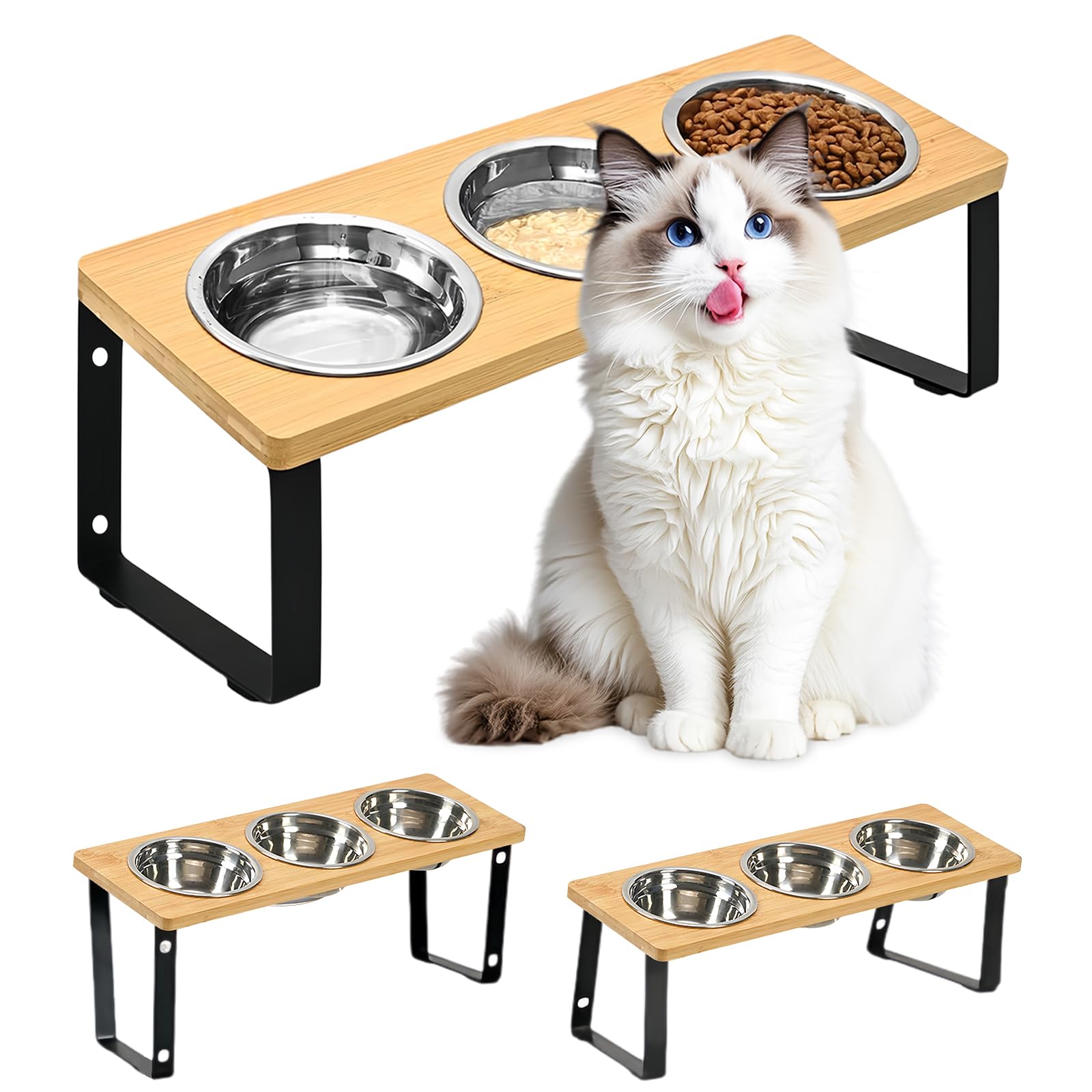 Elevated Cat Food Bowls 15° Tilted Stainless Steel Adjustable Height Raised Feeding Bowls with Wooden Stand Feeder Bowls for Cats and Small Dogs Anti Vomit Anti Slip (Height Adjustable-3 Bowls)