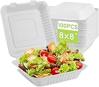 Vista 8 de Recipientes de alimentos de 9 x 9 pulgadas, paquete de 100 recipientes desechables para llevar con 3 compartimentos, cajas compostables para llevar