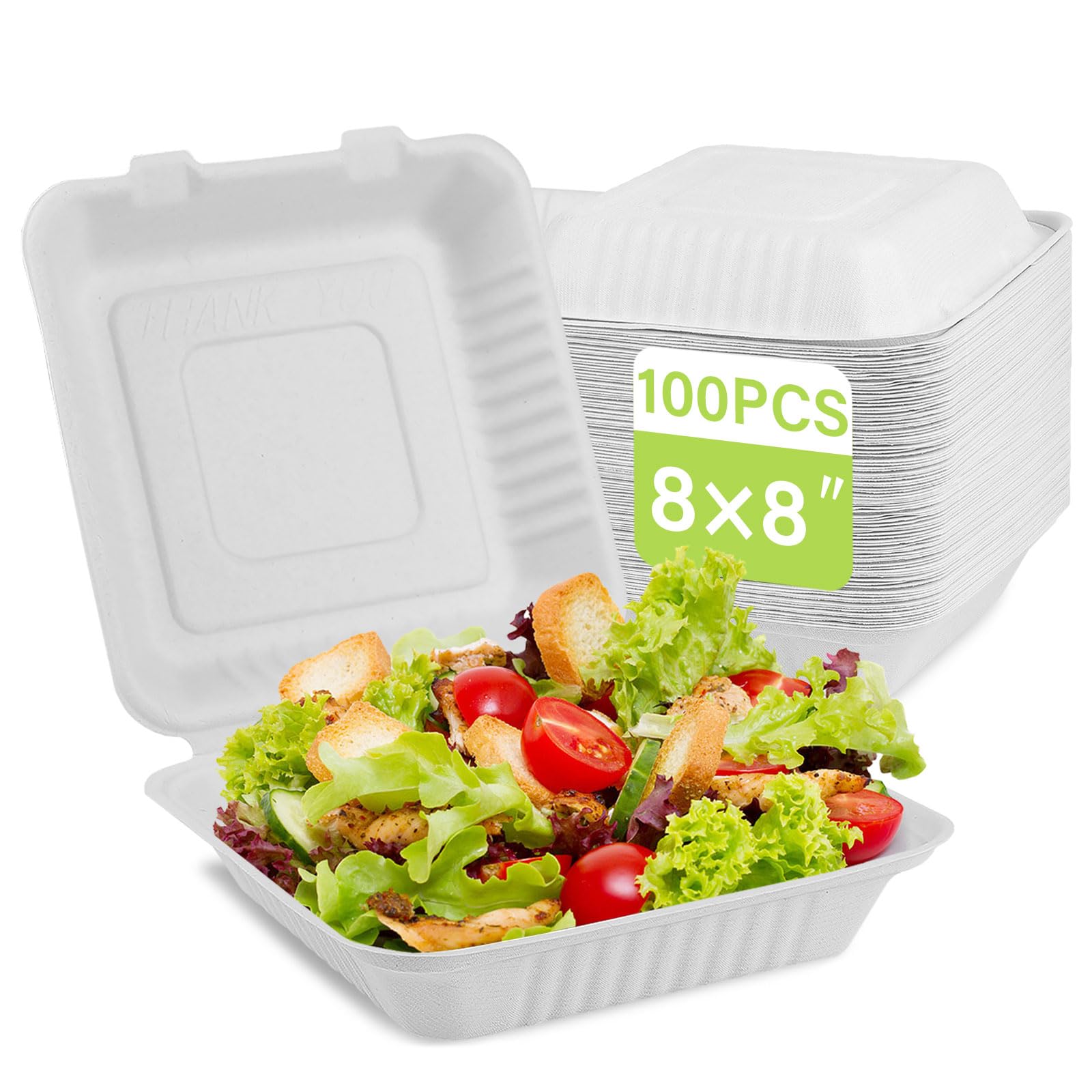 Clamshell Take Out Food Containers 8X8, 100 Pack To Go Containers Disposable, Compostable To Go Boxes Heavy Duty, Biodegradable Made From White Sugarcane Fibers