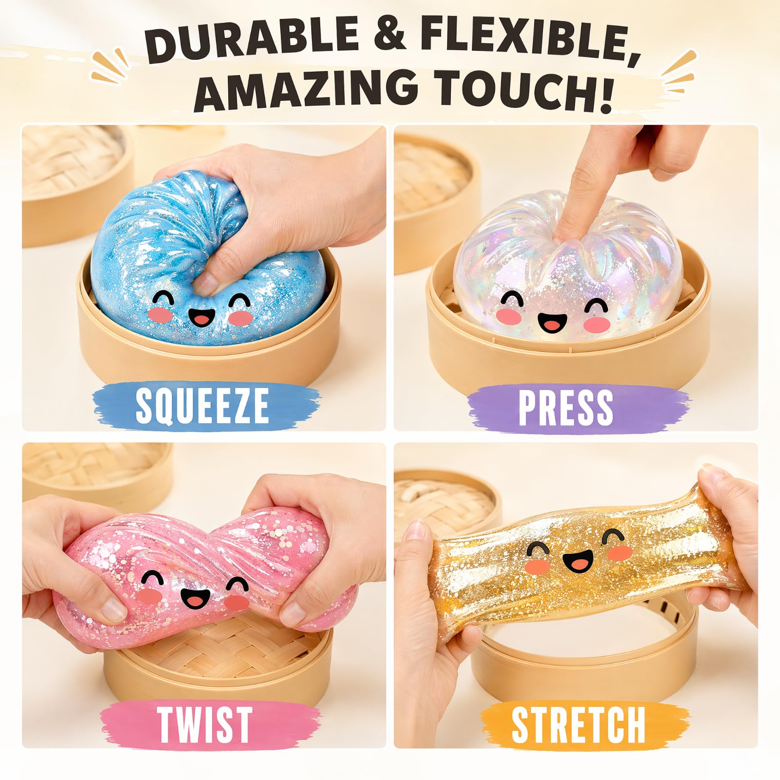 Glitter Squishy Bao Dumpling, 4Pcs Mystery Dumplings Squishies Fidget Toys - Image 2