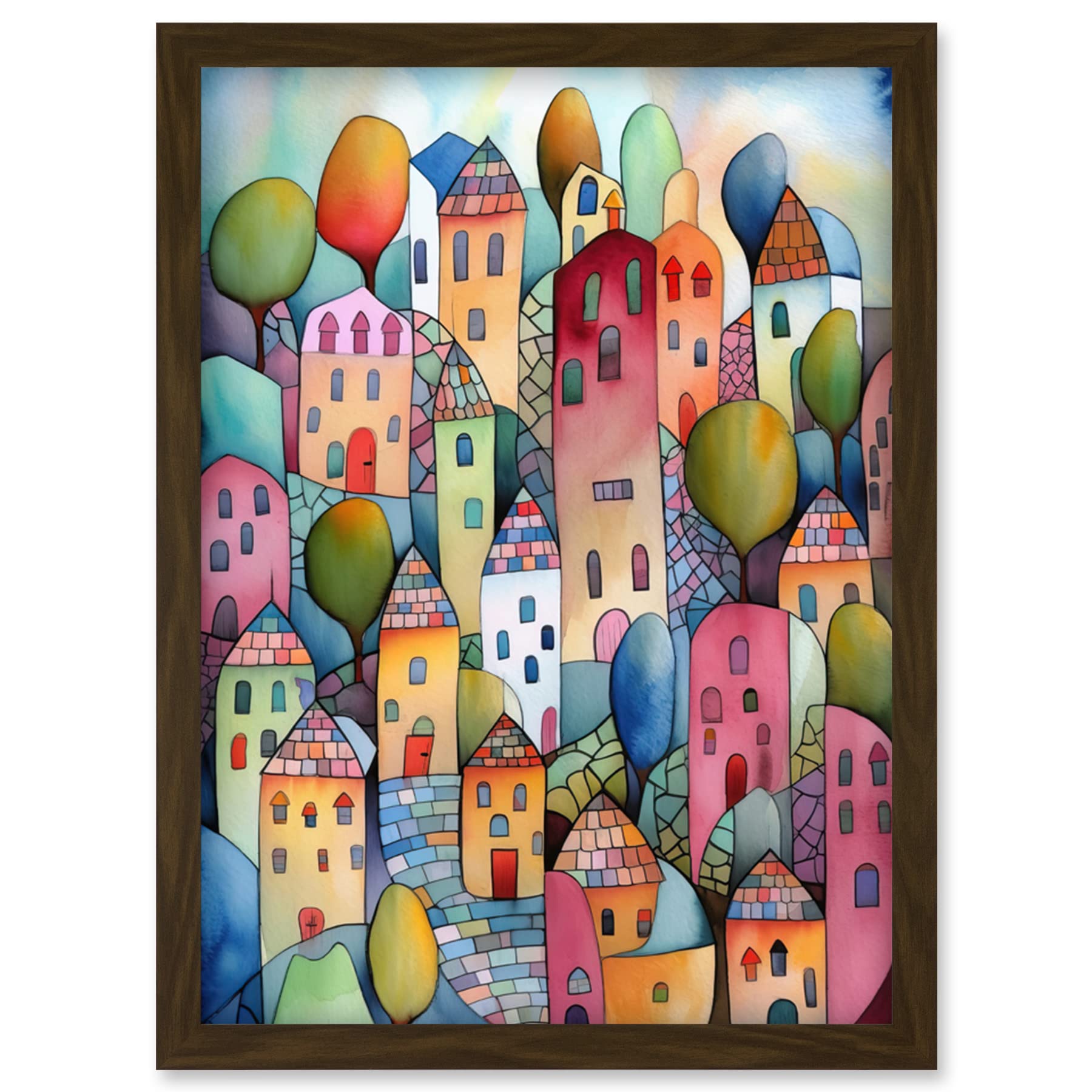 Artery8 Village On The Hill Cobble Streets Folk Art Framed Wall Art Print A4 - Brown