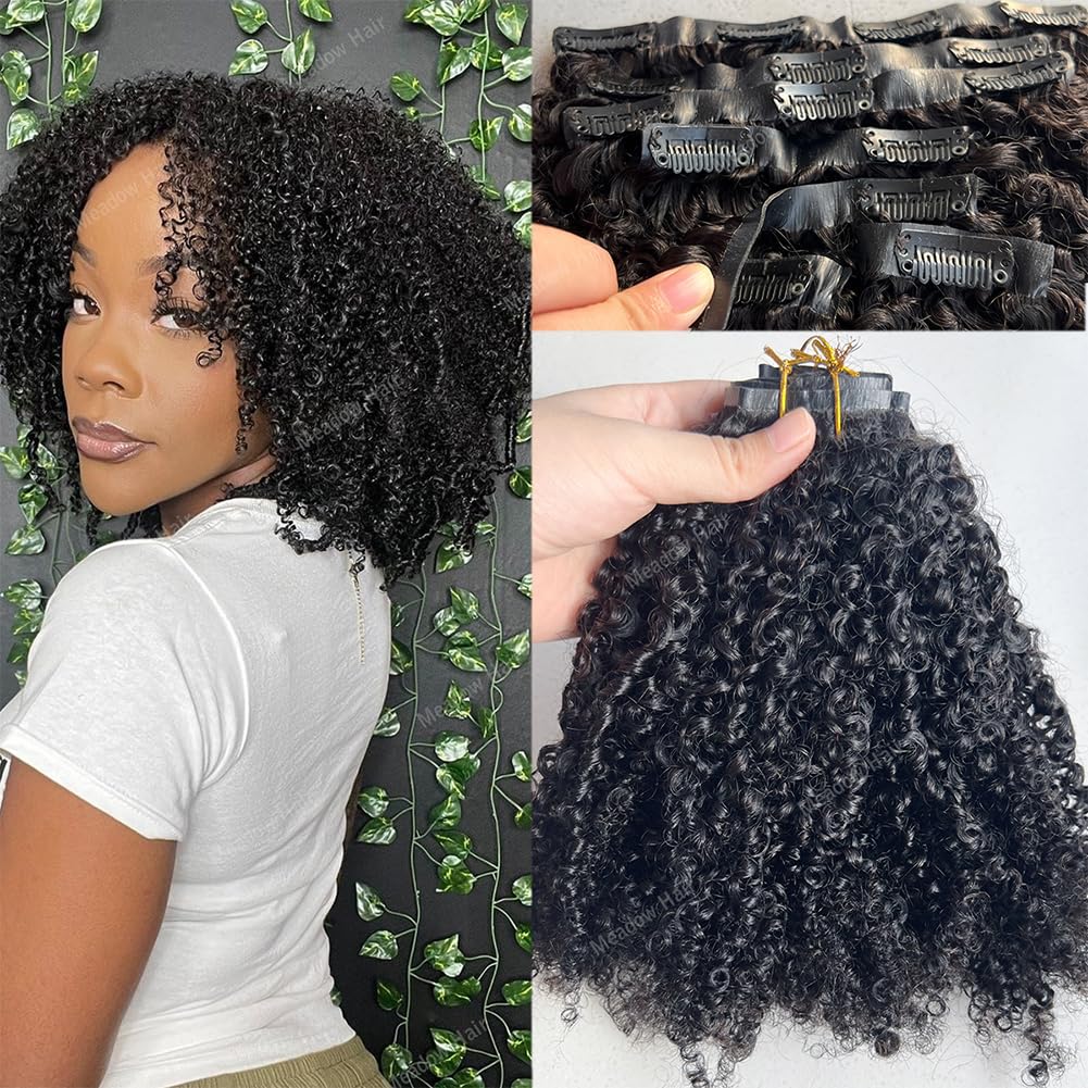 Seamless PU Clip In Human Hair Extensions Afro Kinky Curly Real Brazilian Virgin Hair Extension Bundles Invisible Weft For Black Women Meadow hair 100g 22Inch
