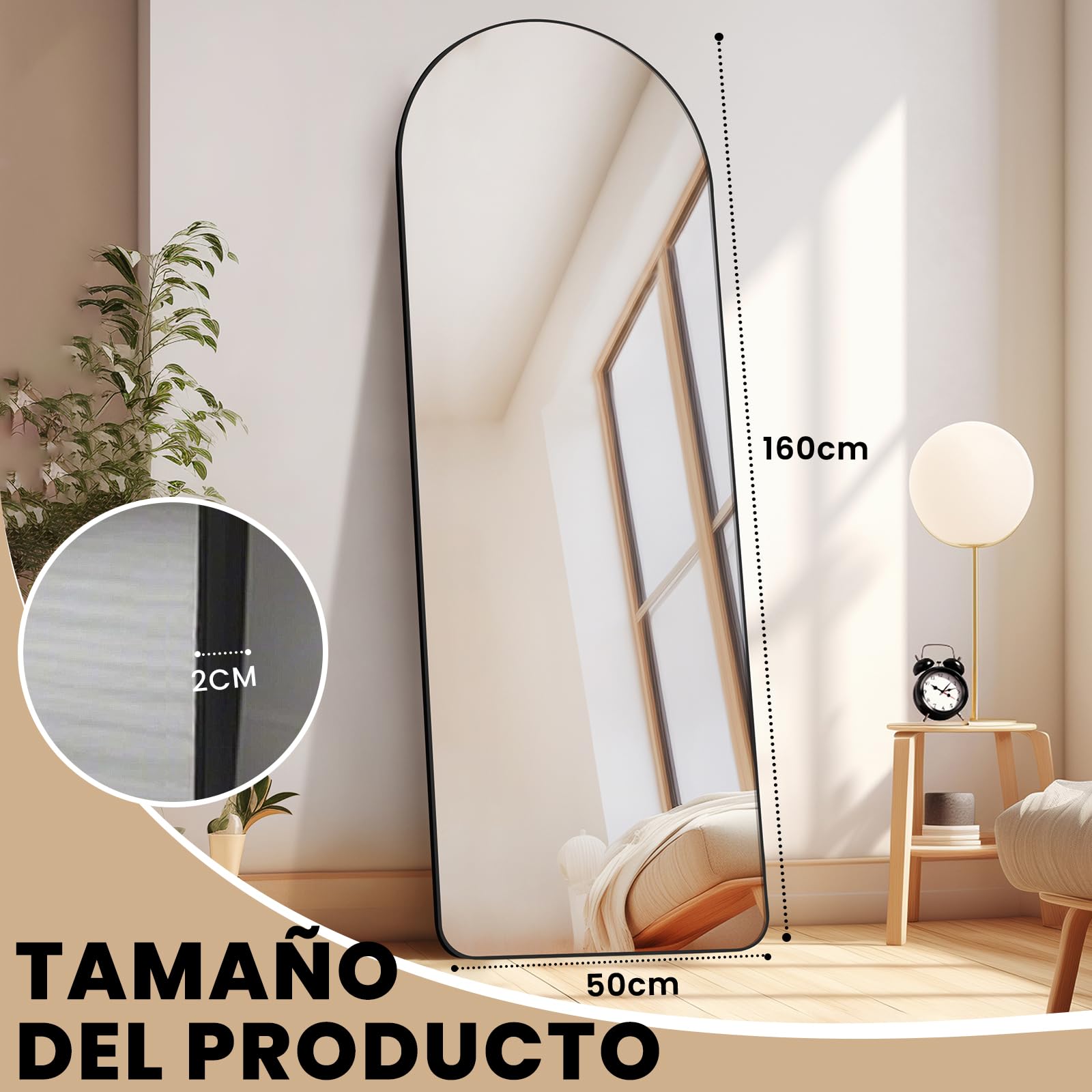 Espejo de Pie Cuerpo Entero 160x50cm Negro en Forma de Arco, Cristal Templado, para Pared o Soporte de Habitación