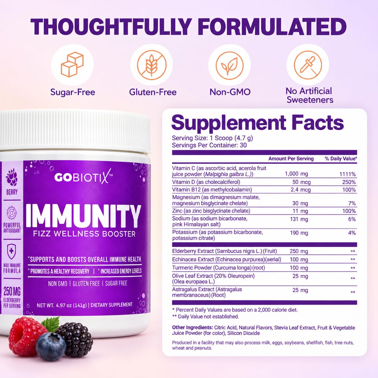 GOBIOTIX Vitamin C - Immune Defense Support Supplement - Immunity Powder Wellness Booster - Vegan Superfood - Elderberry, Turmeric, B12 Vitamin Supplement, Non-GMO and Sugar Free (Berry) — Amazon image 7