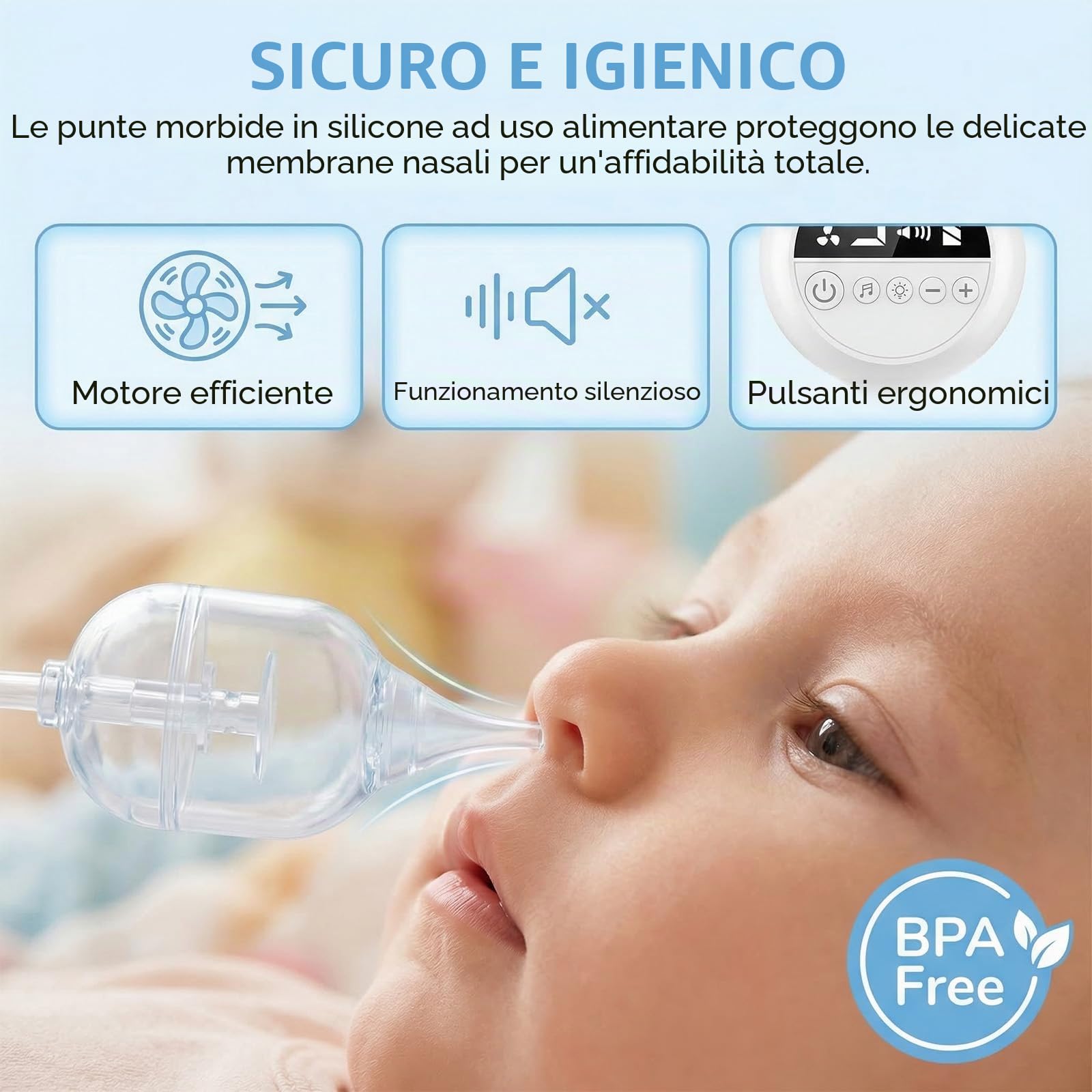 Aspiratore nasale elettrico per bambini, 65 kPa, forte aspirazione e 9 livelli, silenzioso | Con musica e luce, ricaricabile, 3 misure di ugelli in silicone alimentare, per neonati e bambini