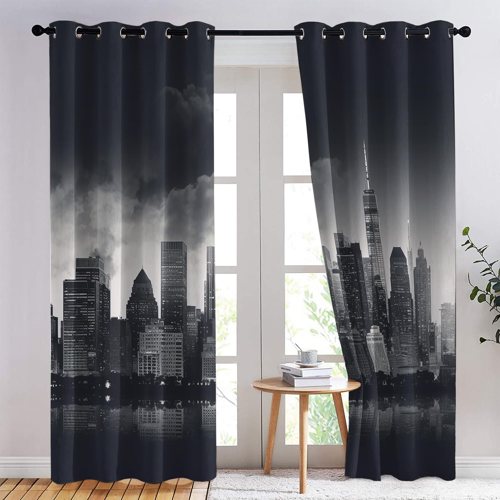 New York Vorhänge Stadt Skyline Stadtansicht Nacht Verdunklungsvorhänge, Vorhang Blickdicht Gardinen mit Ösen, Schlafzimmer Wohnzimmer Deko, Thermovorhang 2er Set H 160 X B 140 cm