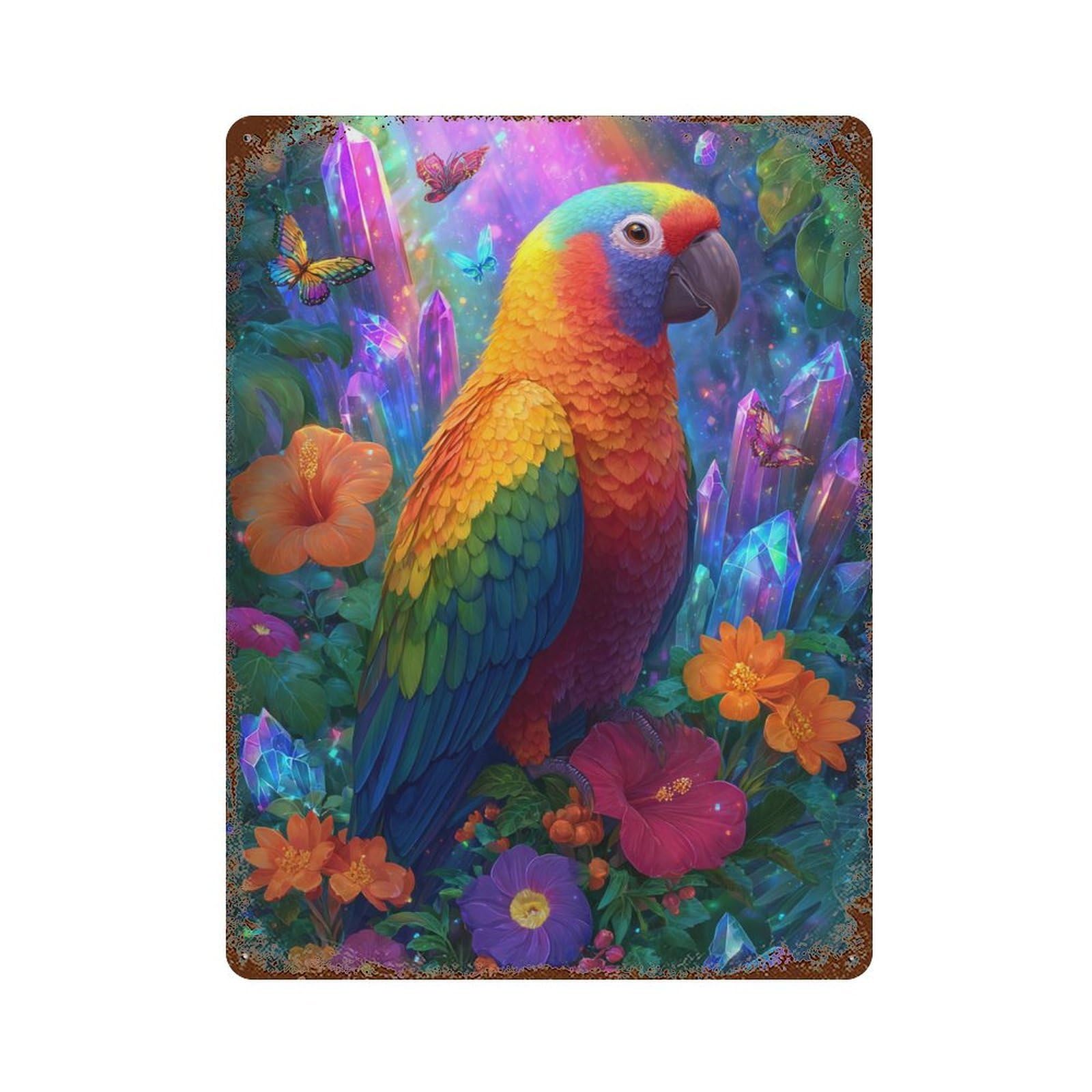 Rainbow Parrot Garden 15.7"x11.8" Weathered Tin Sign, Shabby Chic Decor for Cafe, Home Bar And Lounge Decor