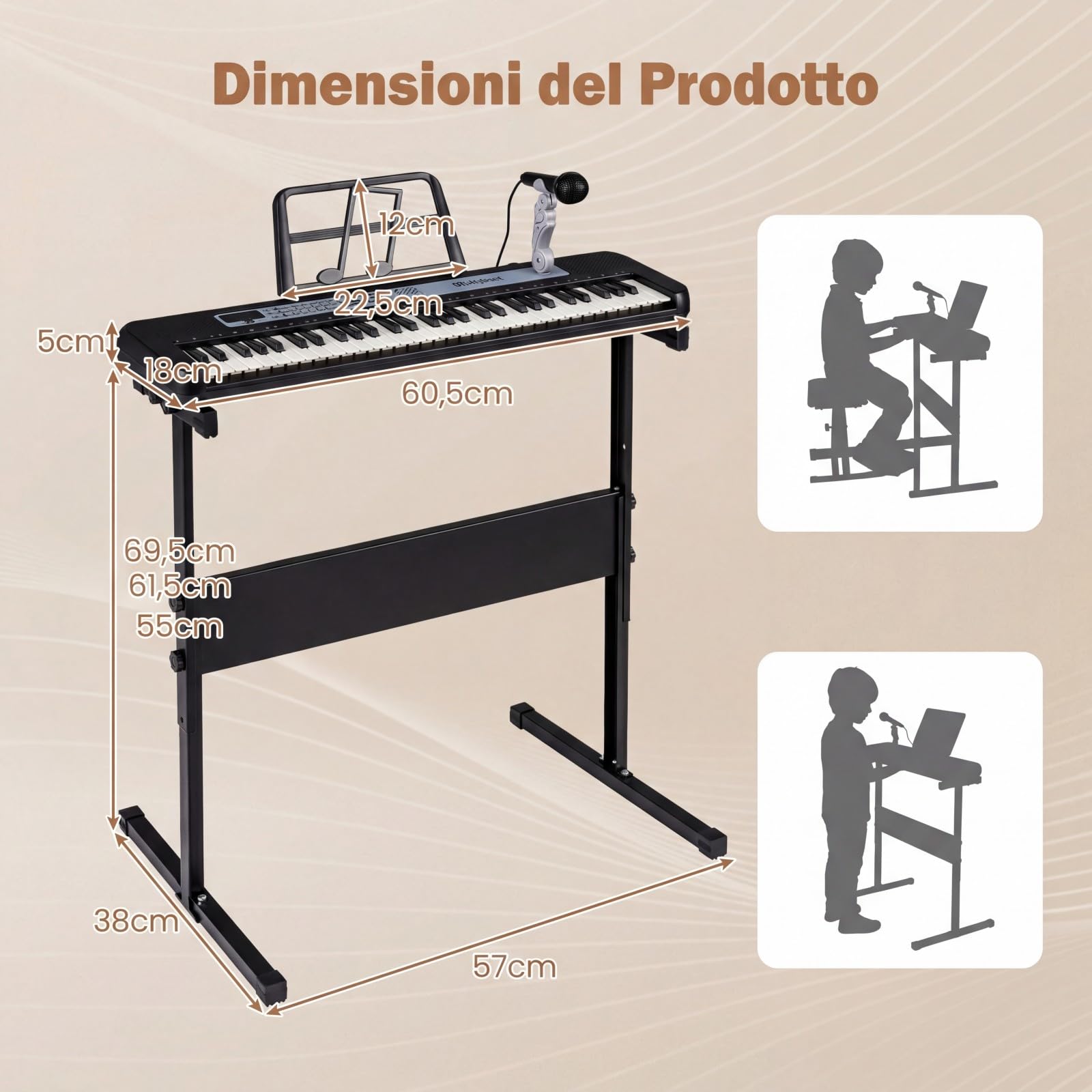 COSTWAY Tastiera Pianoforte Elettrica a 61 Tasti, Giocattolo Musicale da Interno con Supporto Regolabile, Microfono e Leggio, Strumento Digitale Educativo per Bambini e Bambini 3+ Anni (Nero)
